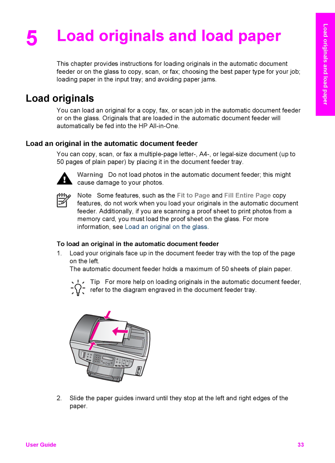 HP 7200 manual Load originals and load paper, Load an original in the automatic document feeder 