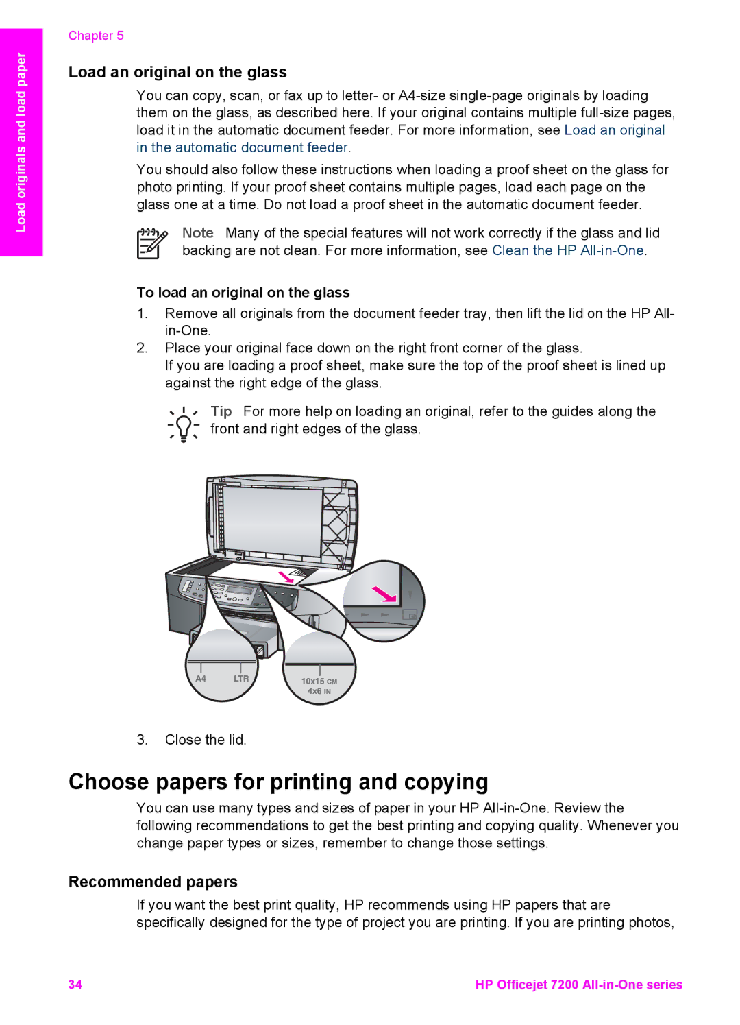 HP 7200 manual Choose papers for printing and copying, Load an original on the glass, Recommended papers 