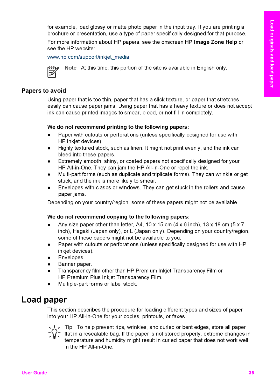 HP 7200 manual Load paper, Papers to avoid, We do not recommend printing to the following papers 