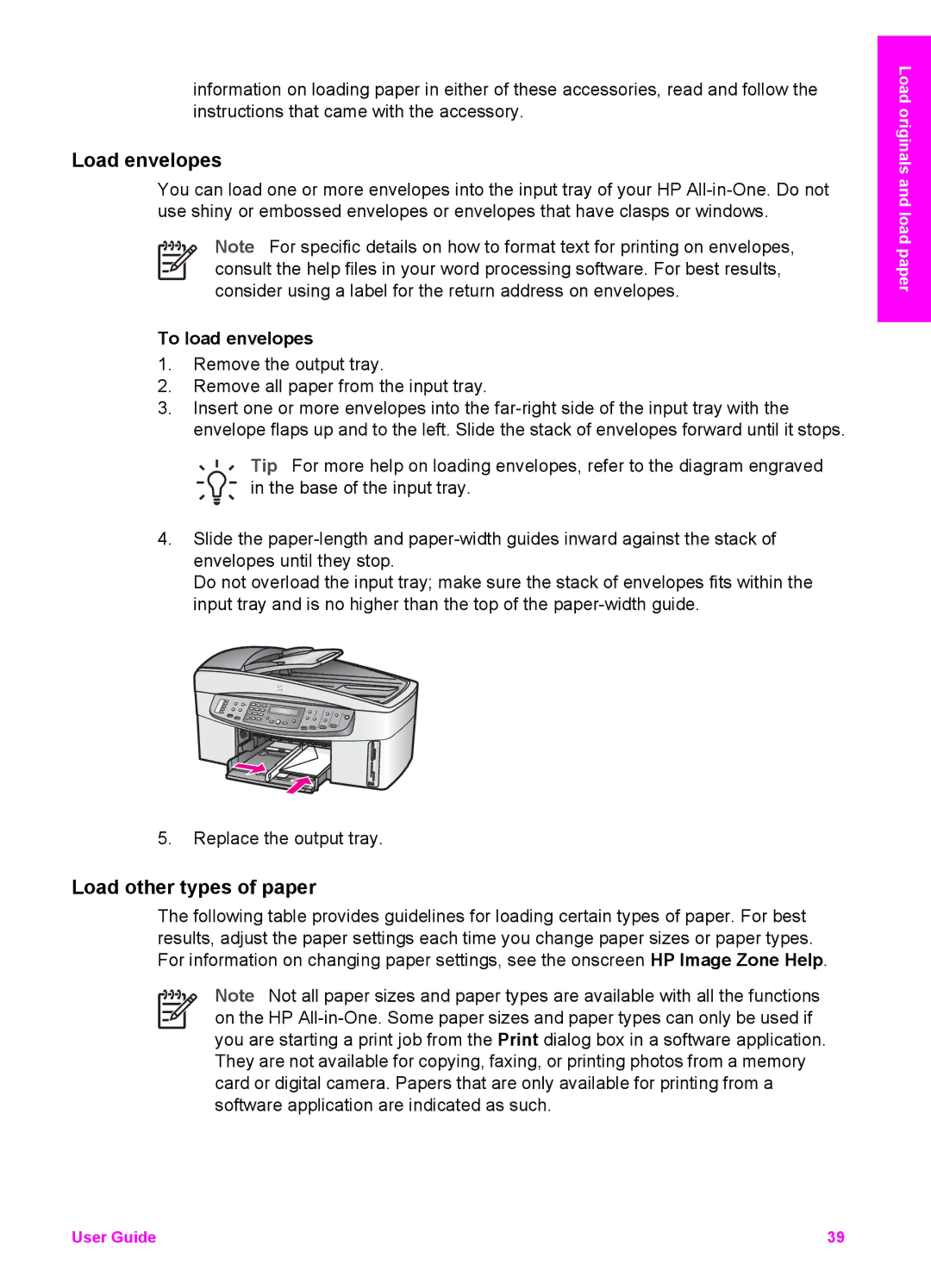 HP 7200 manual Load envelopes, Load other types of paper, To load envelopes 