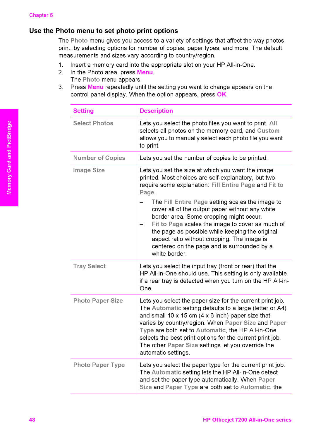 HP 7200 manual Use the Photo menu to set photo print options, Setting Description 