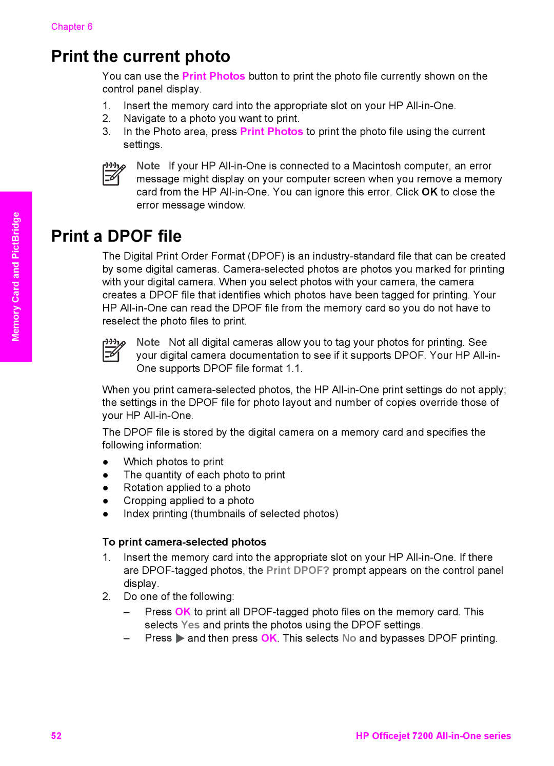 HP 7200 manual Print the current photo, Print a Dpof file, To print camera-selected photos 