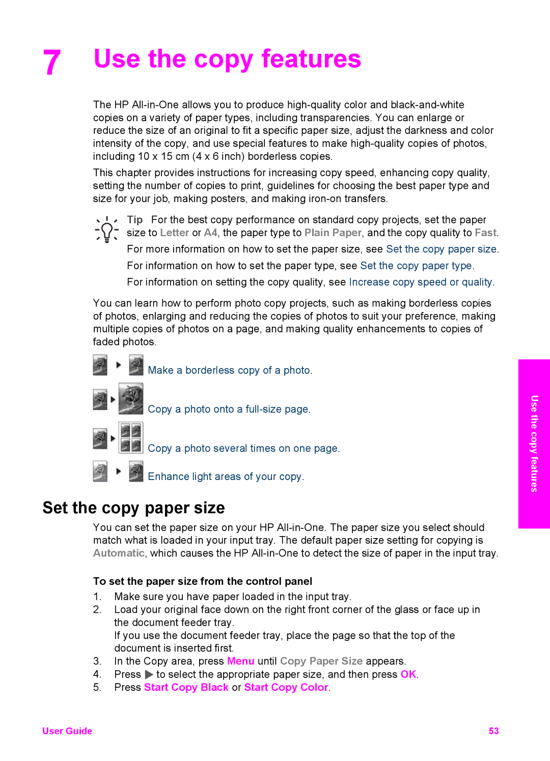 HP 7200 manual Use the copy features, Set the copy paper size, To set the paper size from the control panel 