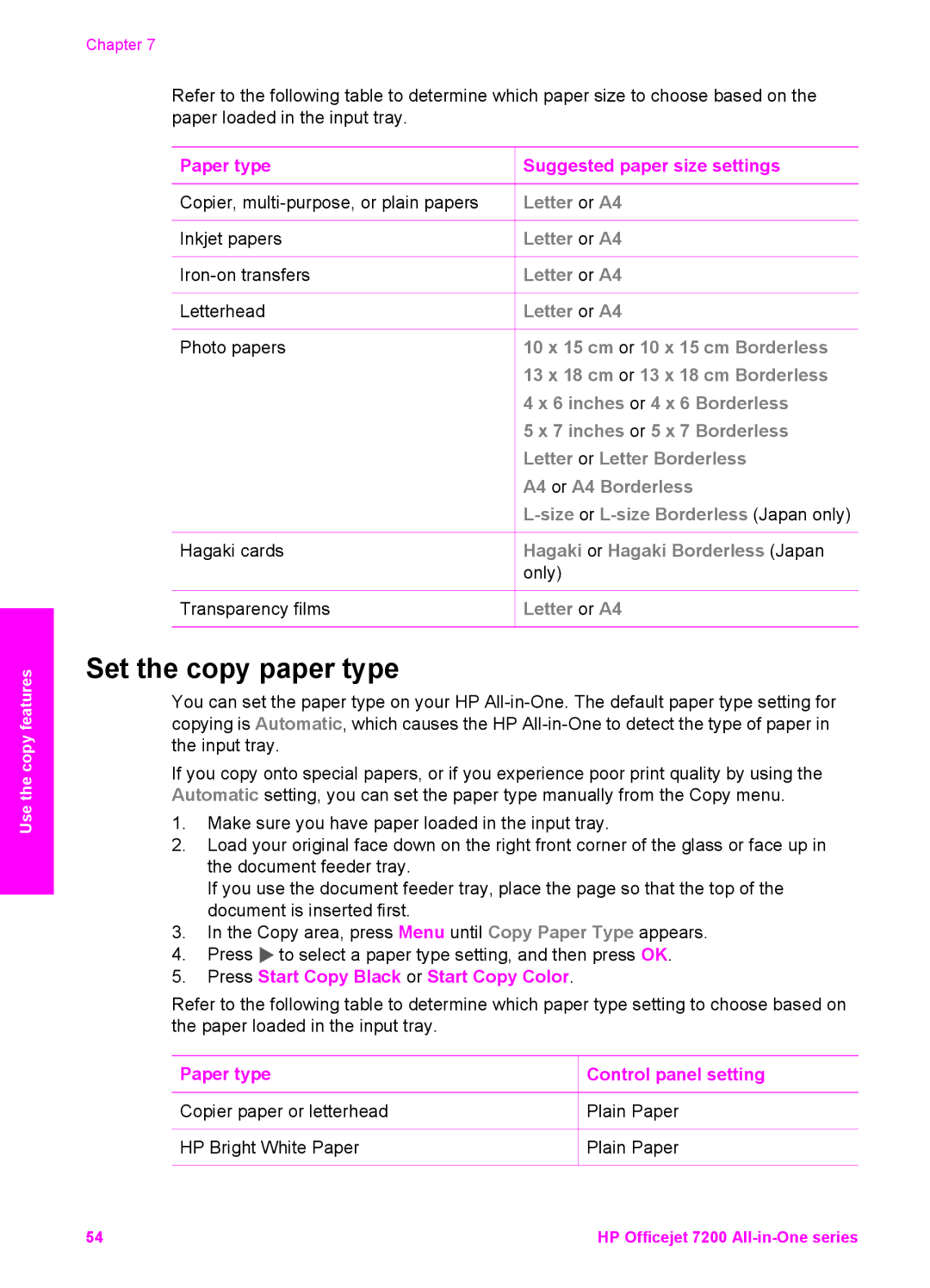 HP 7200 manual Set the copy paper type, Suggested paper size settings, Paper type Control panel setting 