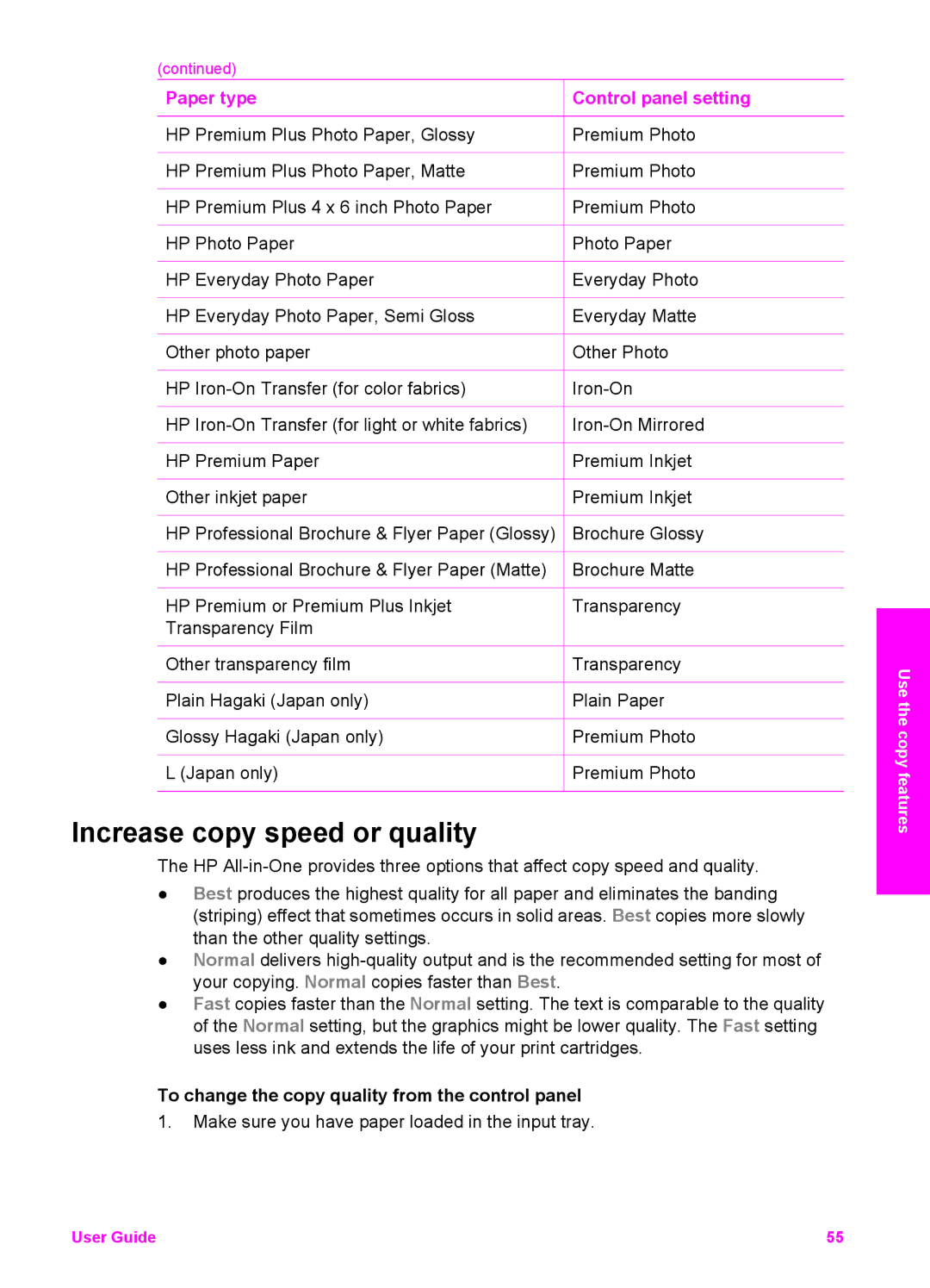 HP 7200 manual Increase copy speed or quality, To change the copy quality from the control panel 