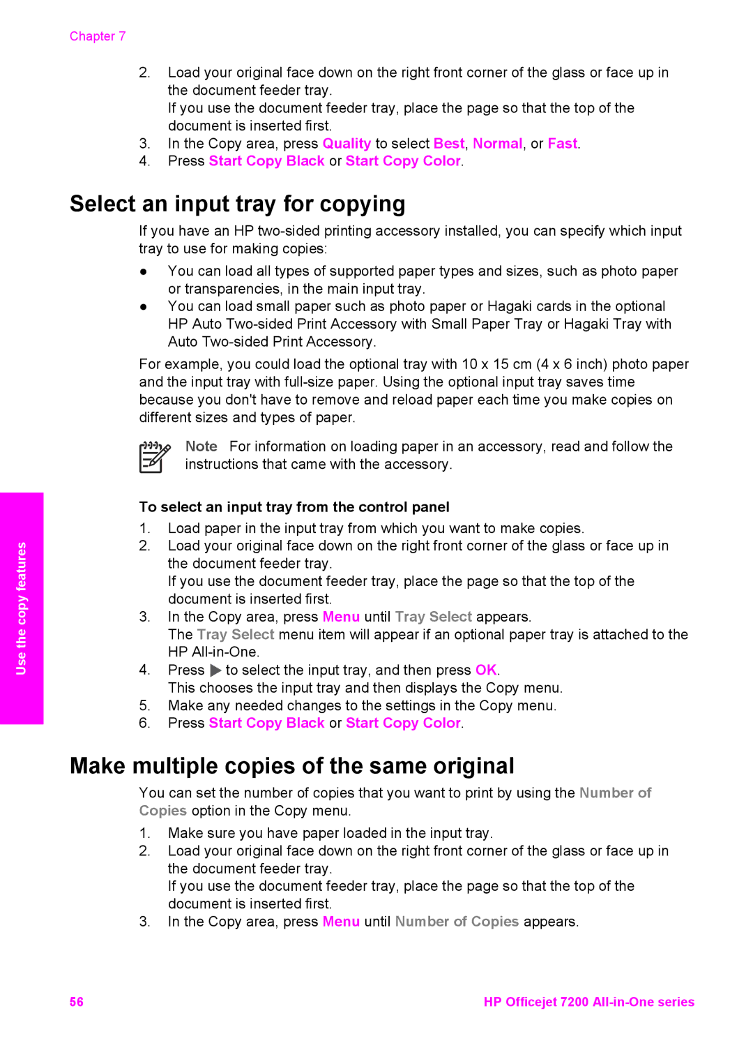 HP 7200 manual Select an input tray for copying, Make multiple copies of the same original 