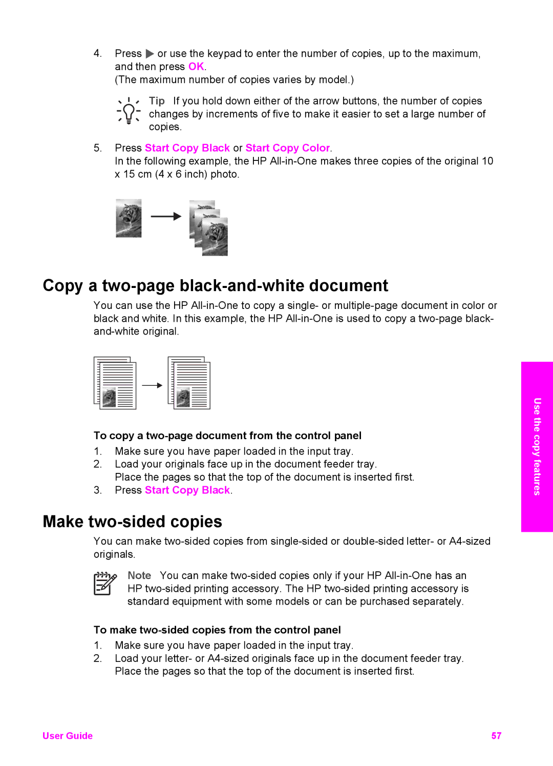 HP 7200 manual Copy a two-page black-and-white document, Make two-sided copies, Press Start Copy Black 