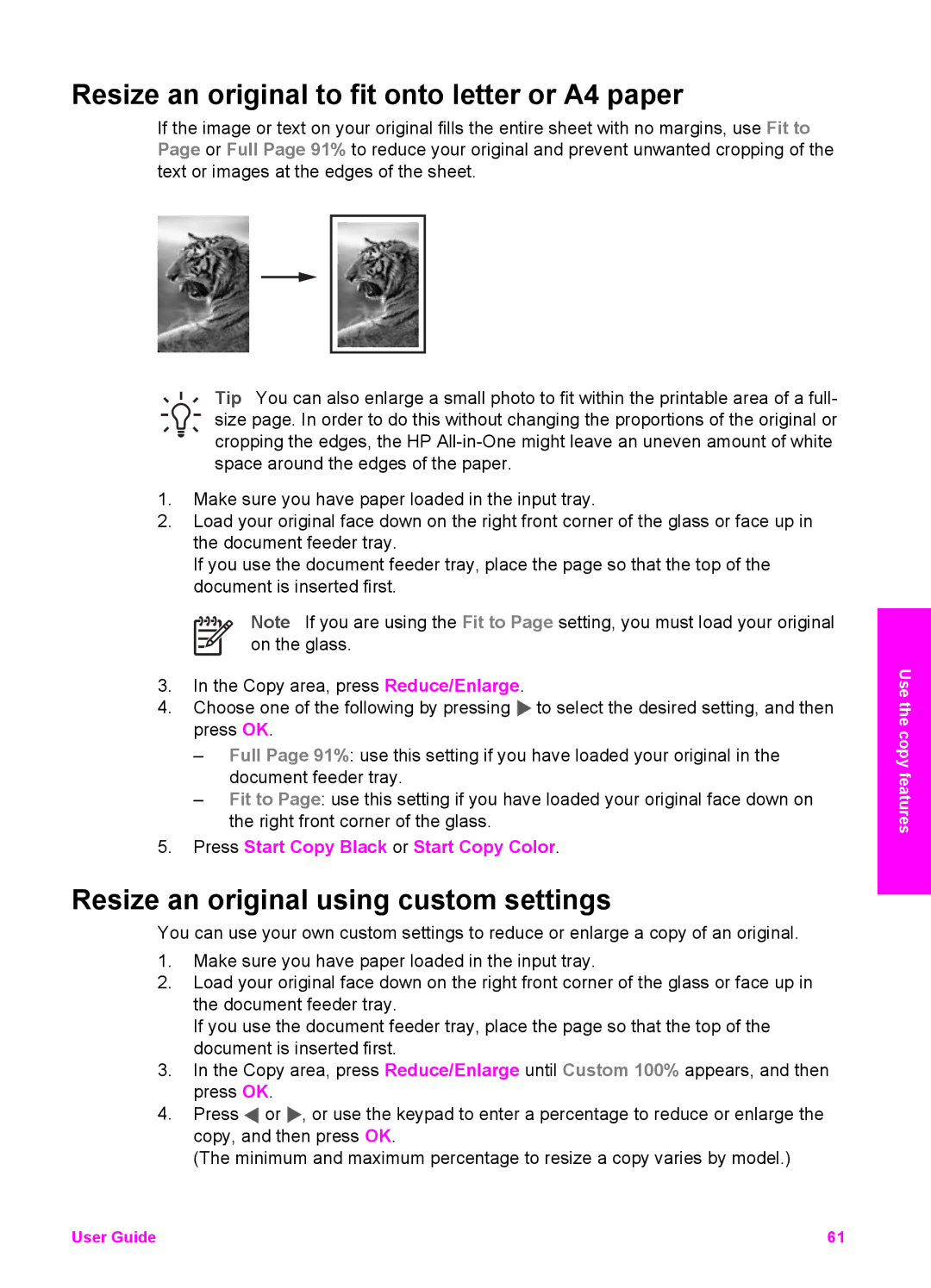 HP 7200 manual Resize an original to fit onto letter or A4 paper, Resize an original using custom settings 