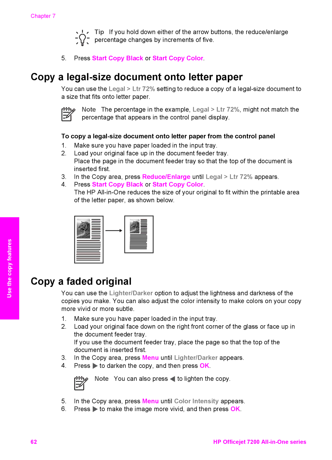 HP 7200 manual Copy a legal-size document onto letter paper, Copy a faded original 