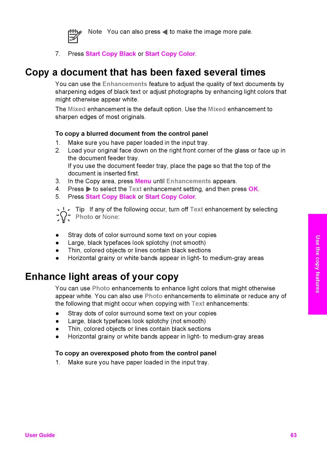 HP 7200 manual Copy a document that has been faxed several times, Enhance light areas of your copy 