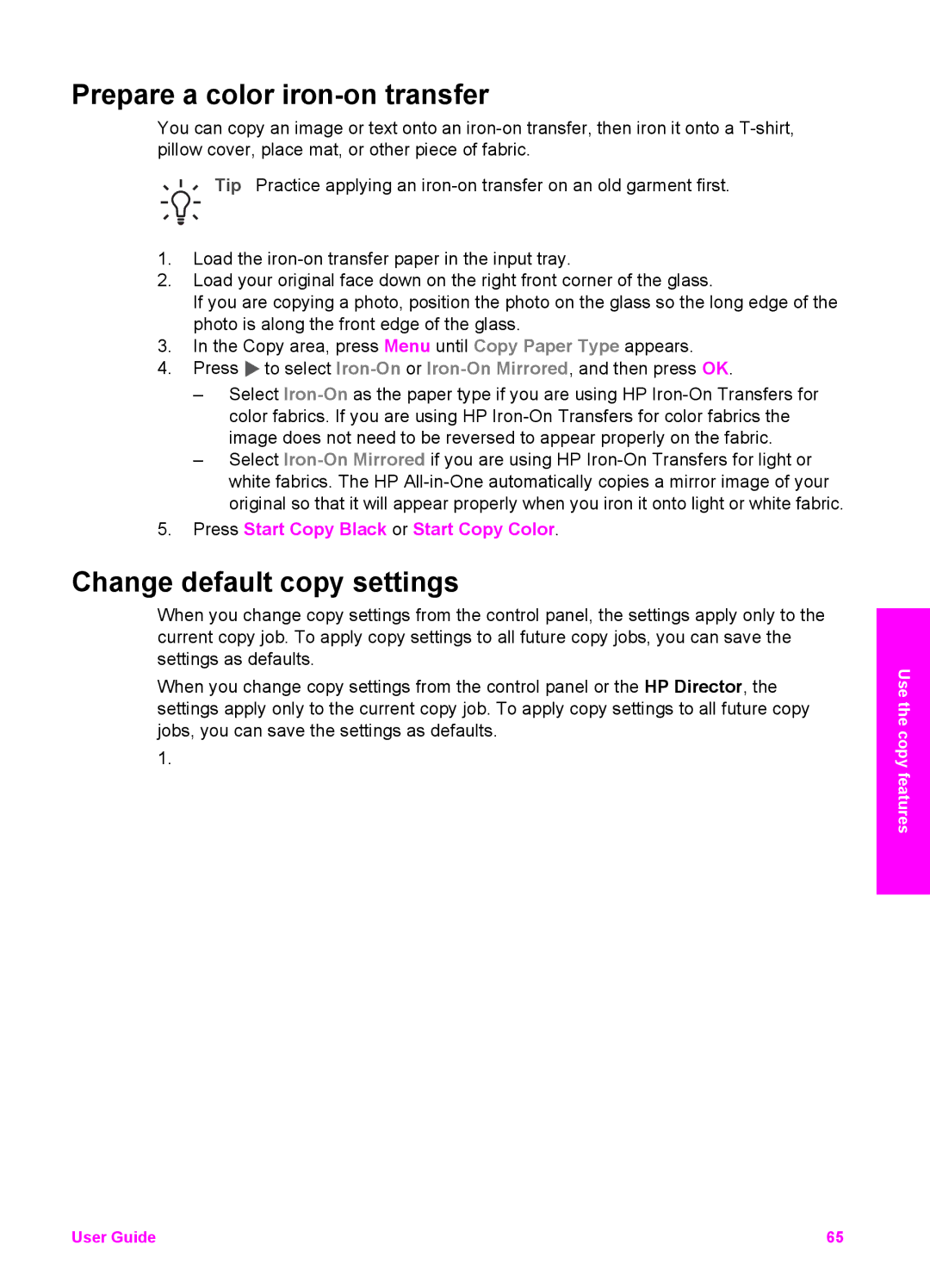 HP 7200 manual Prepare a color iron-on transfer, Change default copy settings 