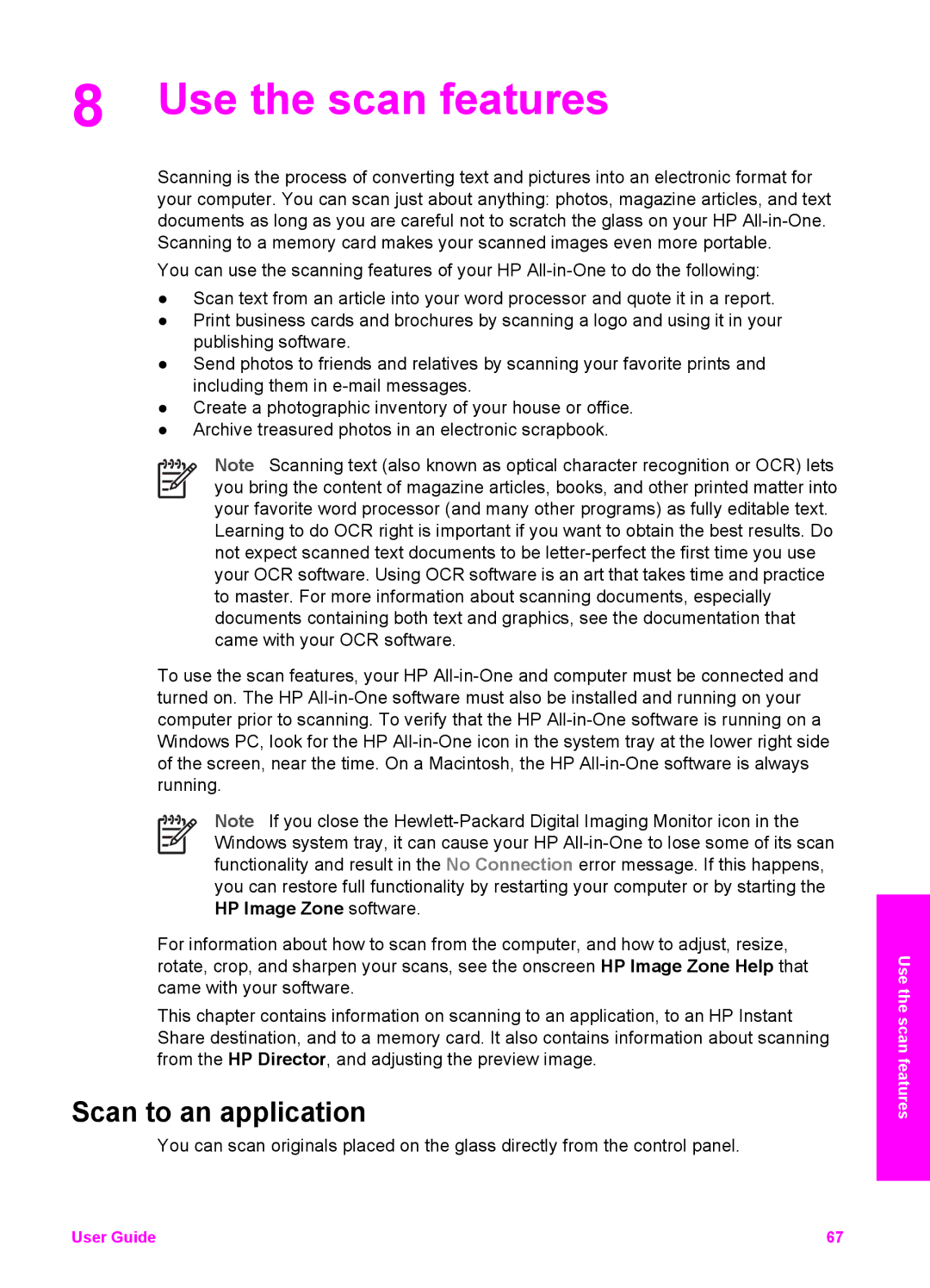 HP 7200 manual Use the scan features, Scan to an application 