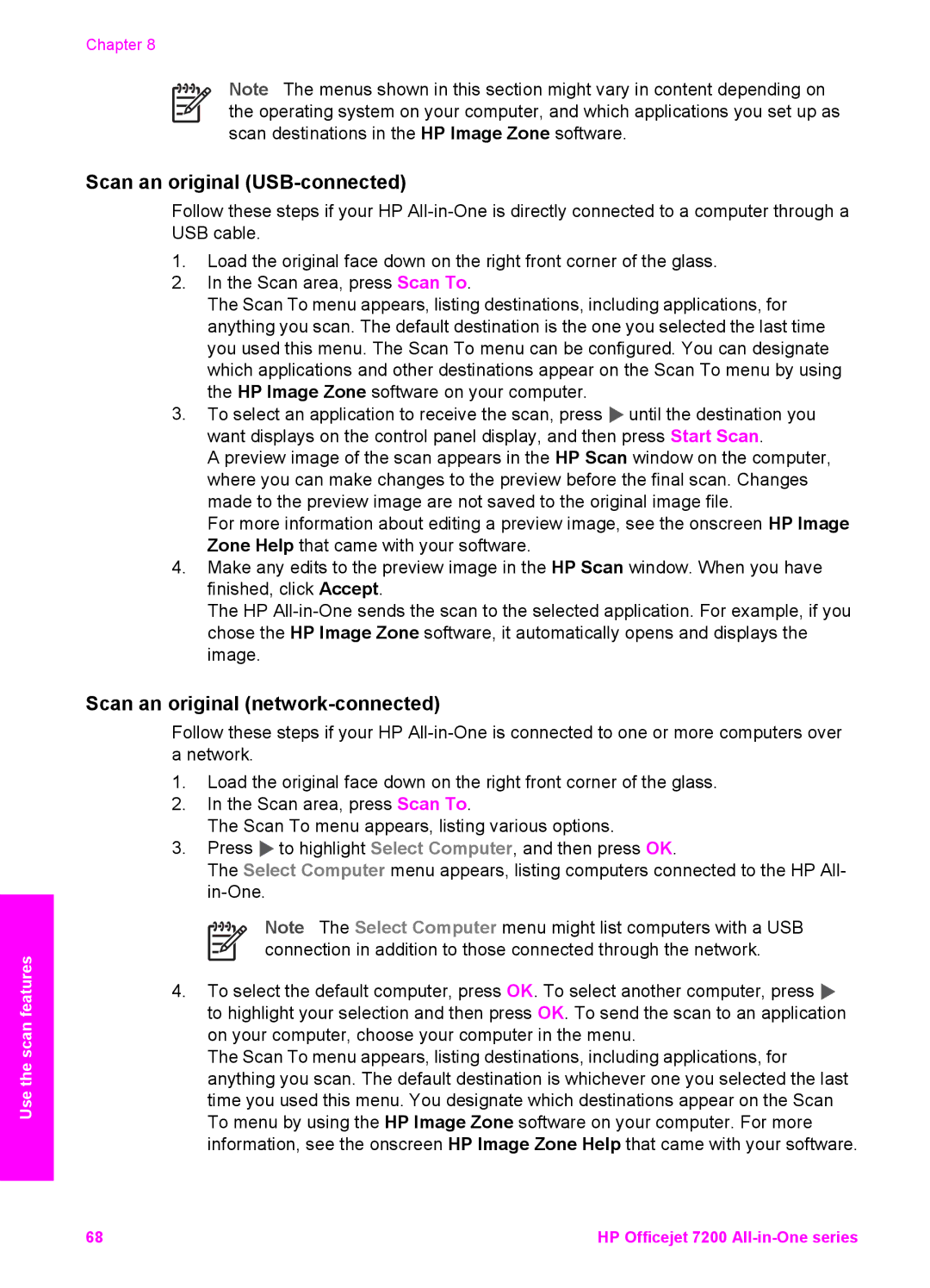 HP 7200 manual Scan an original USB-connected, Scan an original network-connected 