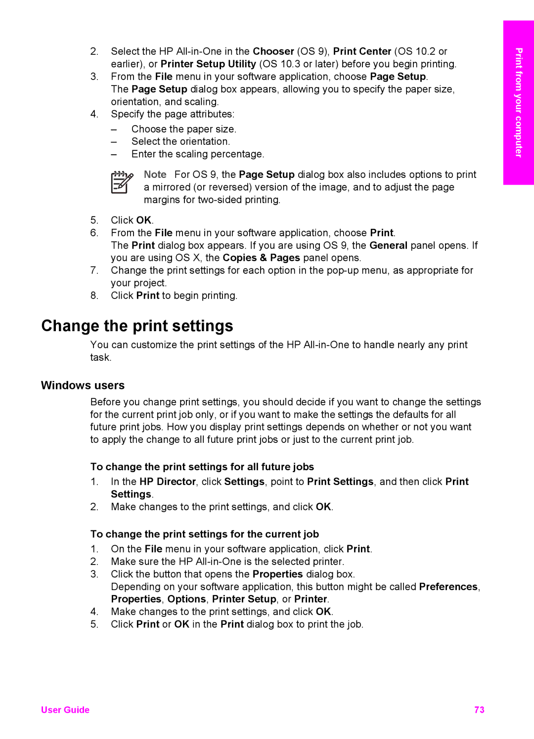 HP 7200 manual Change the print settings, Windows users, To change the print settings for all future jobs 