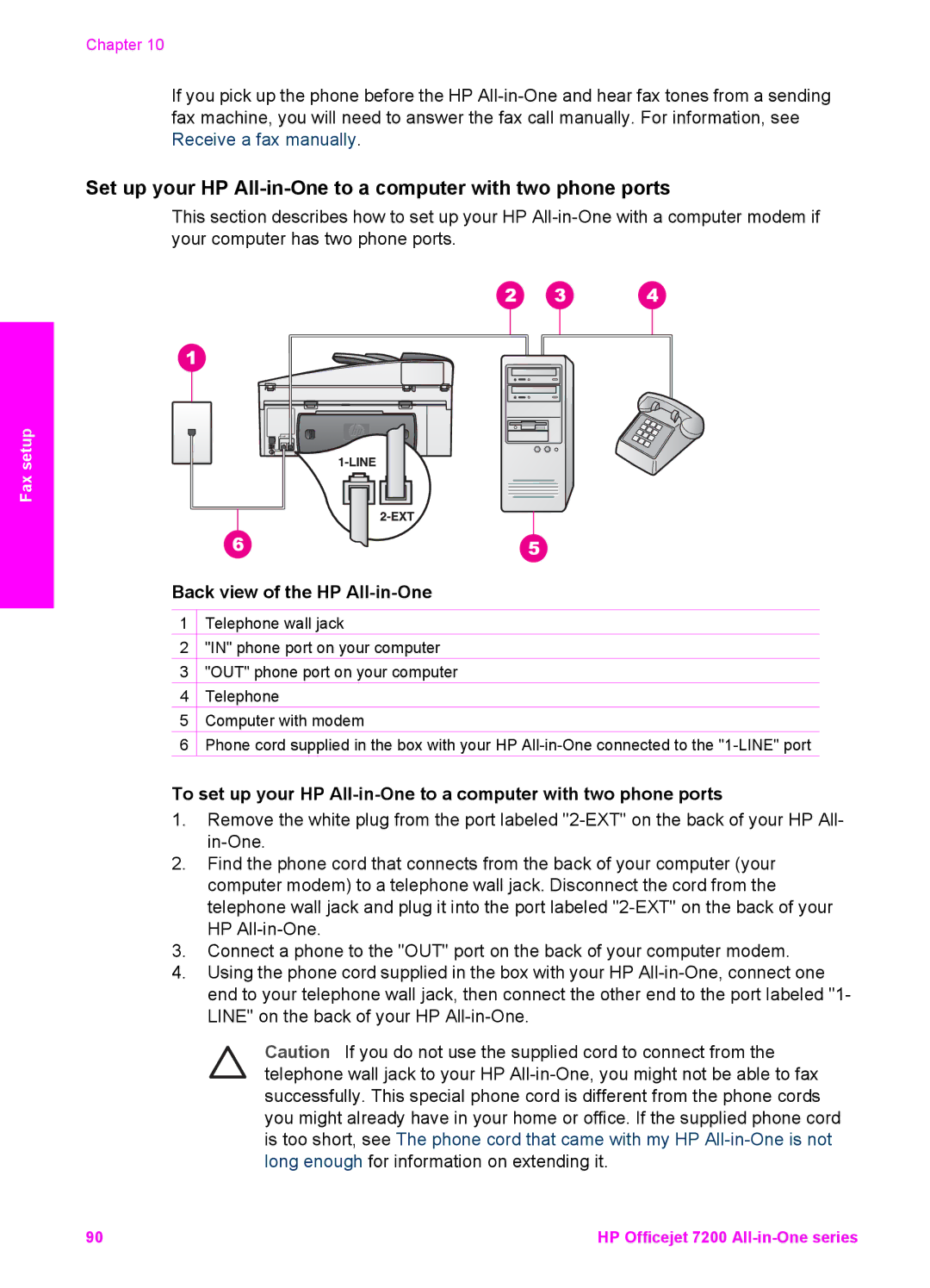 HP 7200 manual Set up your HP All-in-One to a computer with two phone ports 