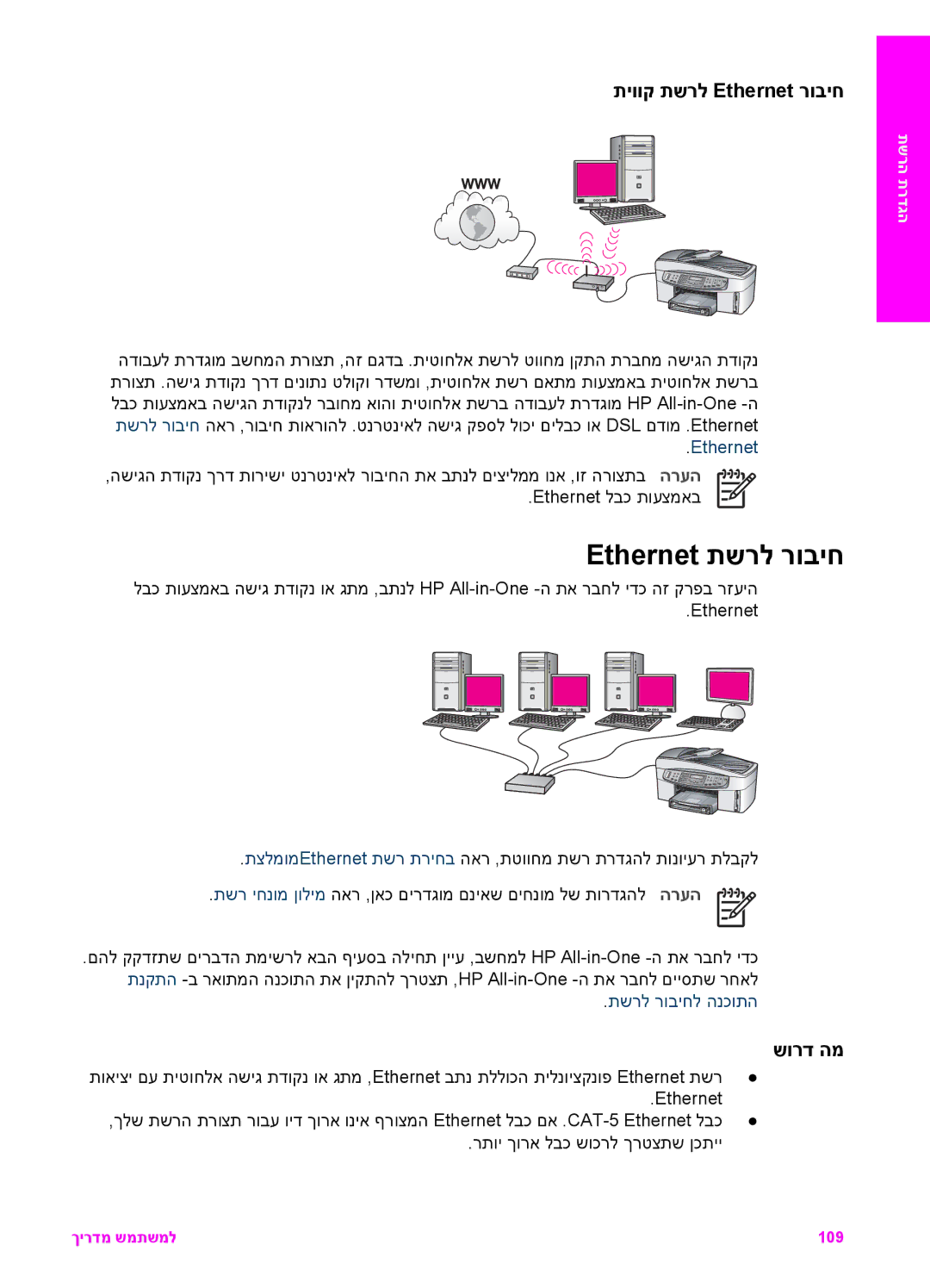 HP 7200 manual Ethernet תשרל רוביח, תיווק תשרל Ethernet רוביח, שורד המ, תשרל רוביחל הנכותה 