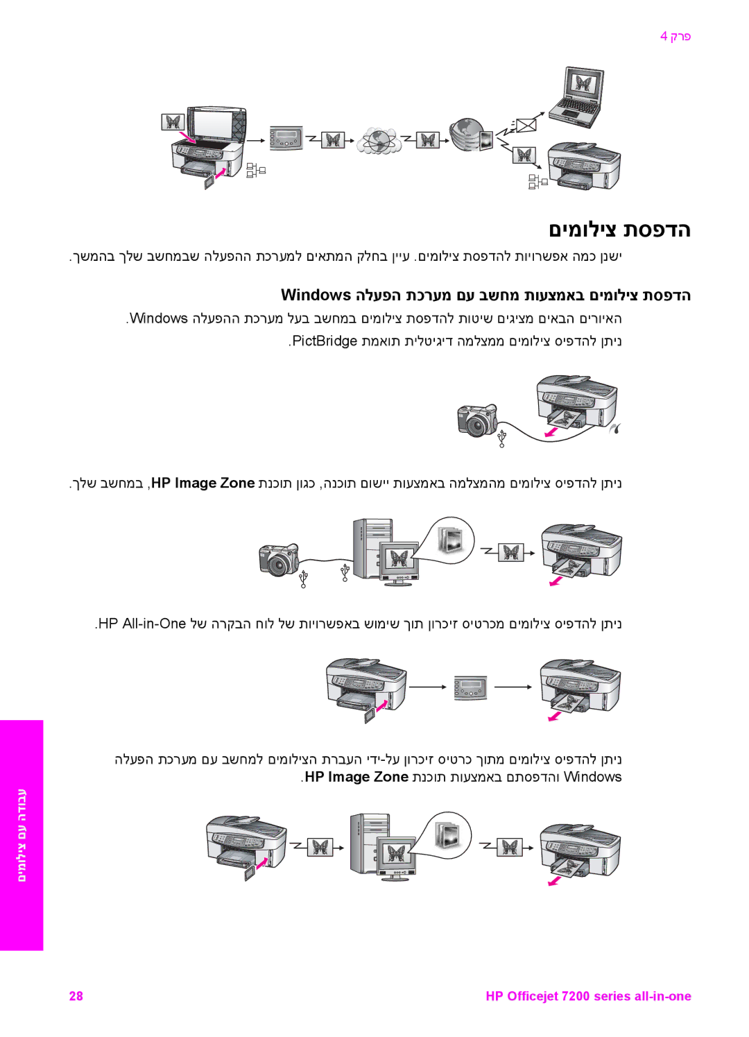 HP 7200 manual Windows הלעפה תכרעמ םע בשחמ תועצמאב םימוליצ תספדה 