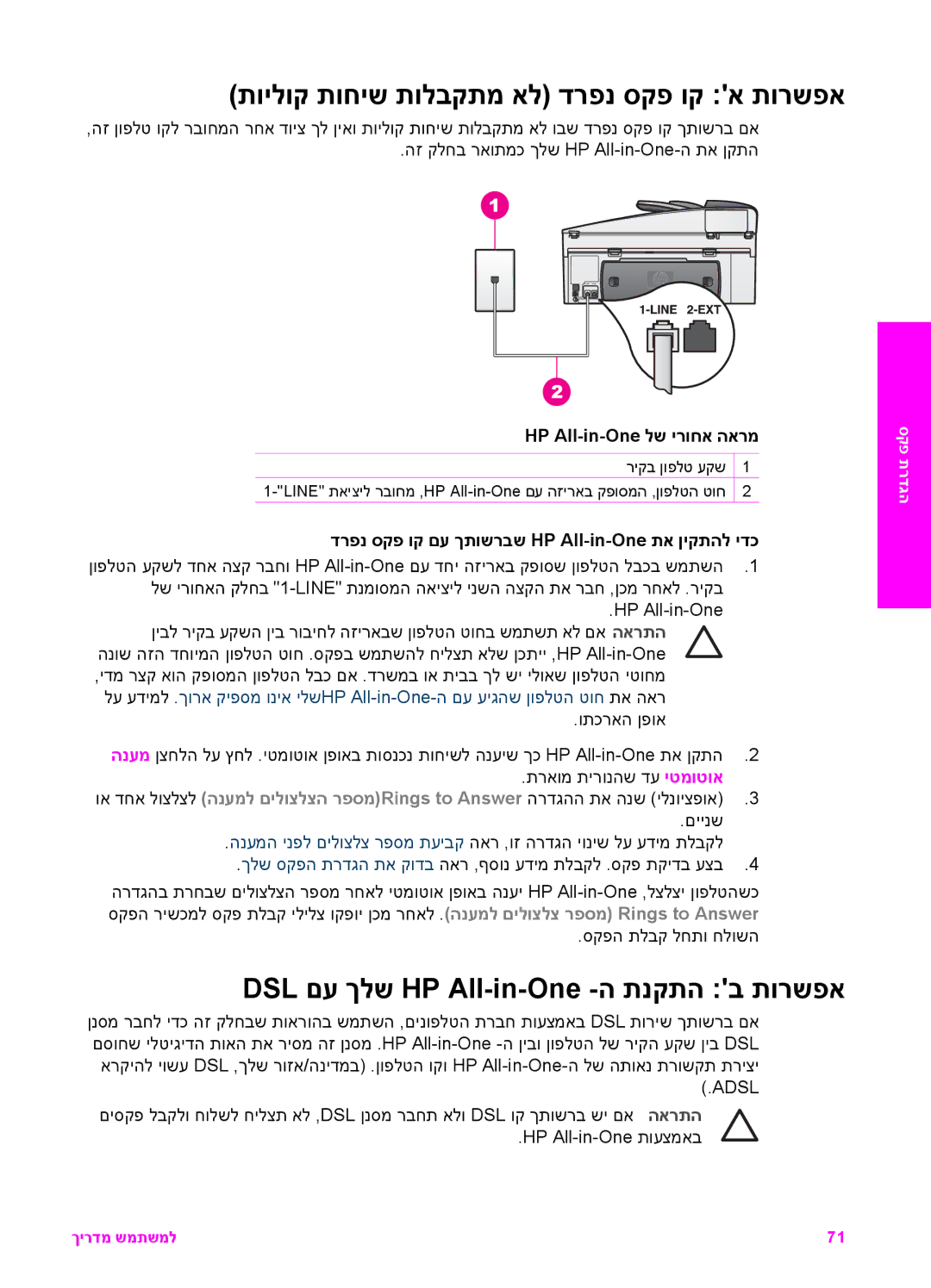 HP 7200 manual תוילוק תוחיש תולבקתמ אל דרפנ סקפ וק א תורשפא, DSL םע ךלש HP All-in-One -ה תנקתה ב תורשפא 