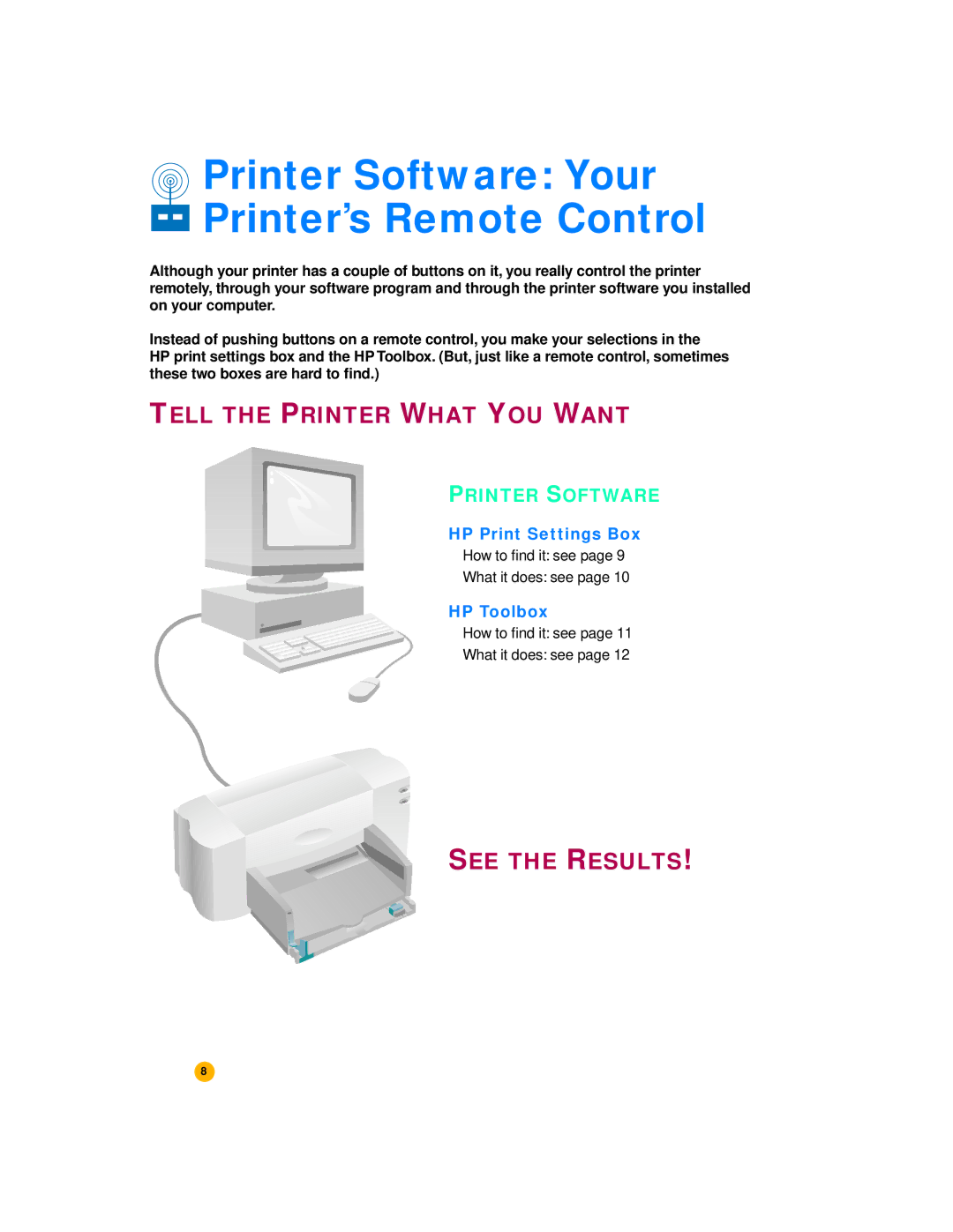 HP 720c manual Printer Software, HP Print Settings Box, HP Toolbox 