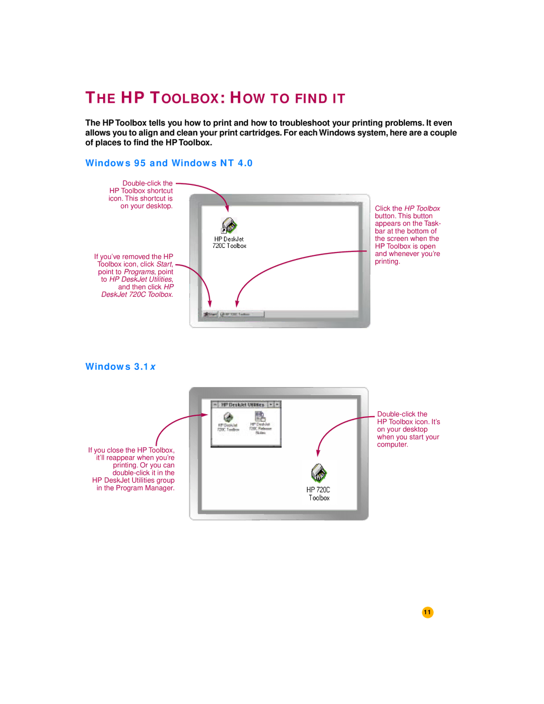 HP 720c manual Windows 95 and Windows NT 