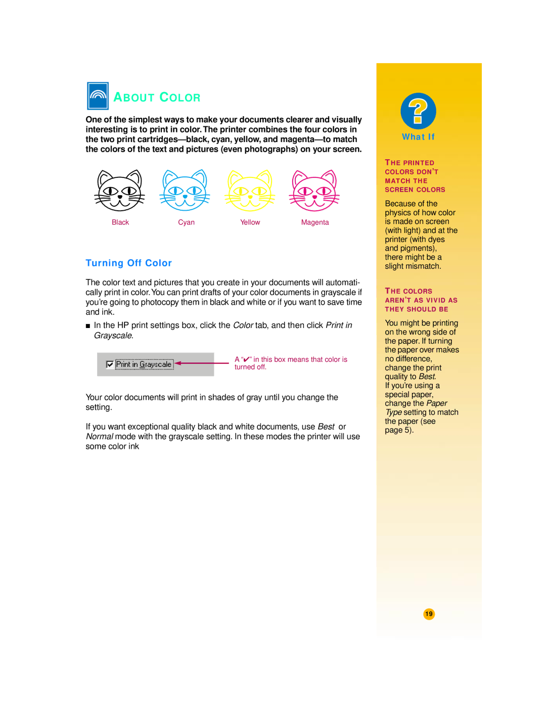 HP 720c manual About Color, Turning Off Color 