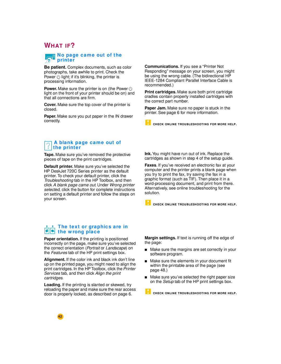 HP 720c manual What IF?, No page came out of the printer, Blank page came out of the printer 