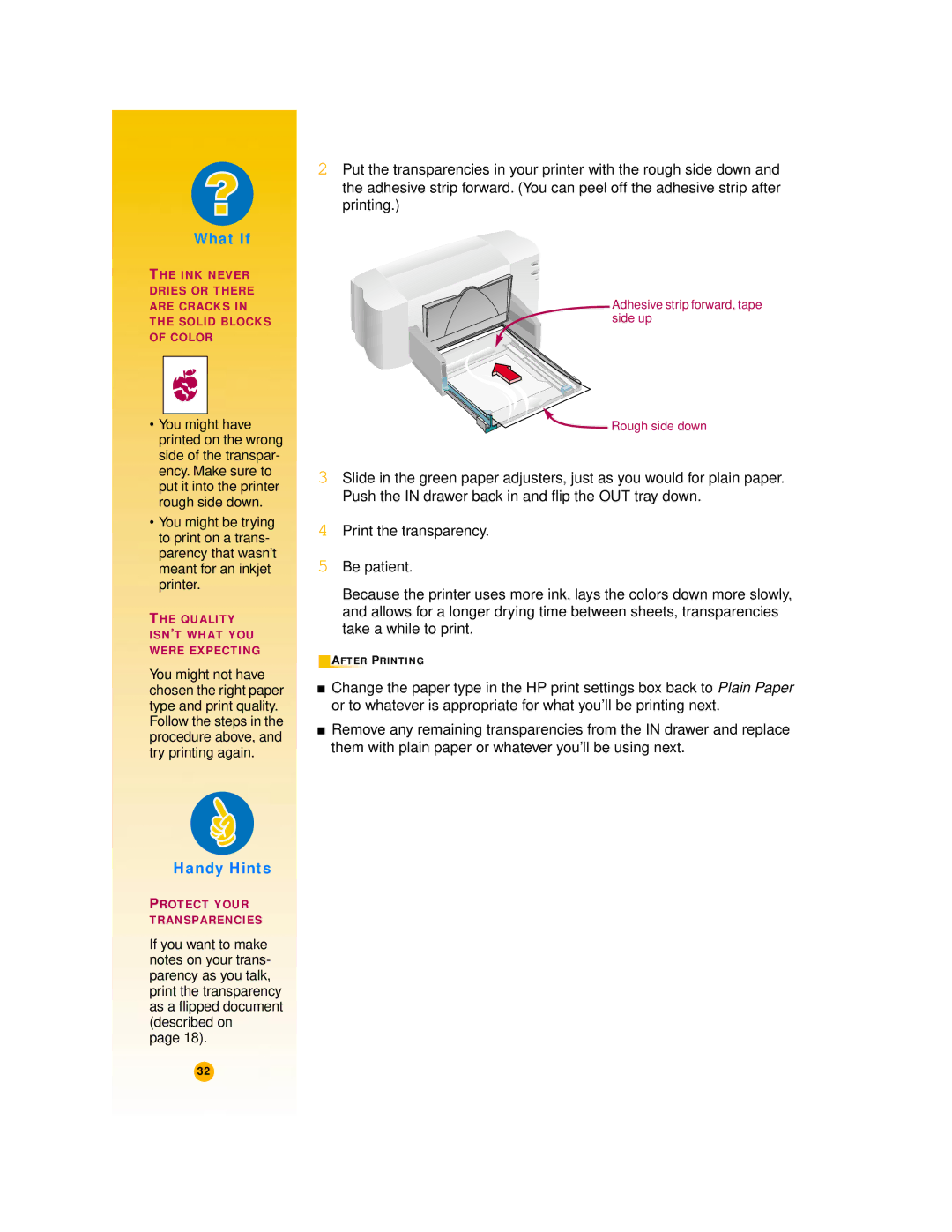 HP 720c manual Adhesive strip forward, tape side up Rough side down 