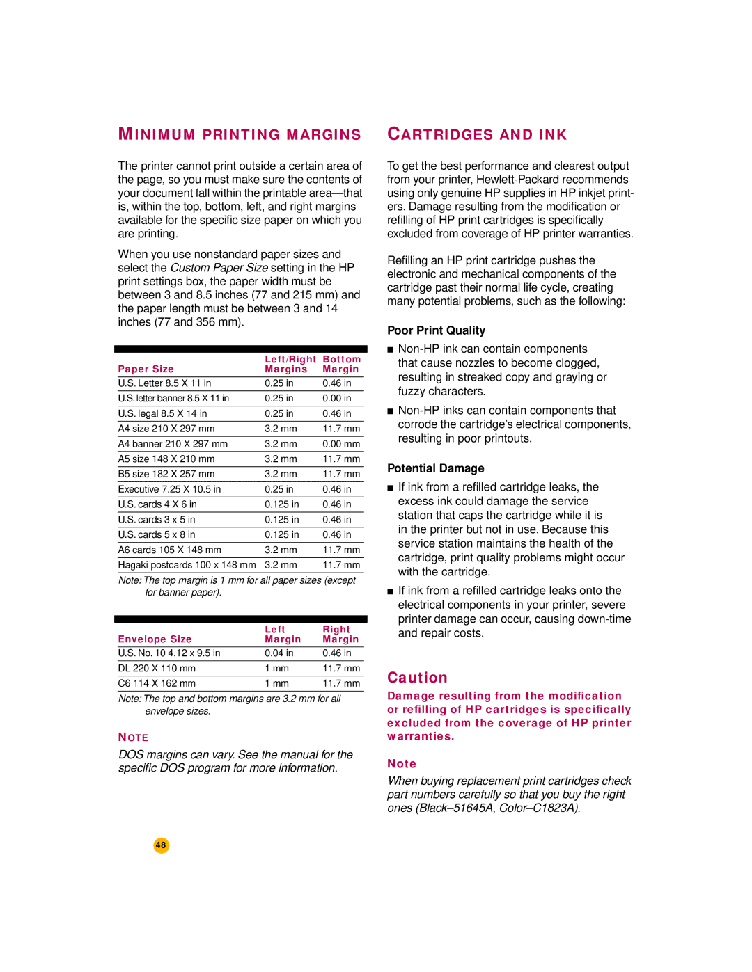 HP 720c manual Minimum Printing Margins, Cartridges and INK, Poor Print Quality, Potential Damage 