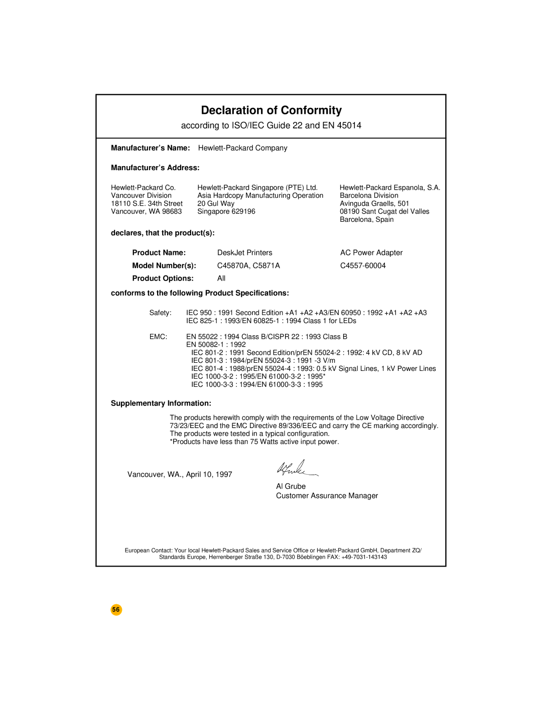 HP 720c manual Declaration of Conformity 