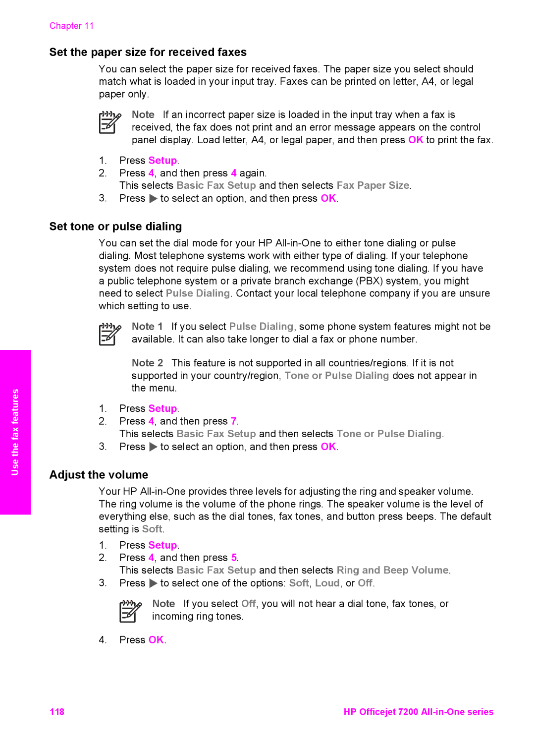 HP 7210v manual Set the paper size for received faxes, Set tone or pulse dialing, Adjust the volume 