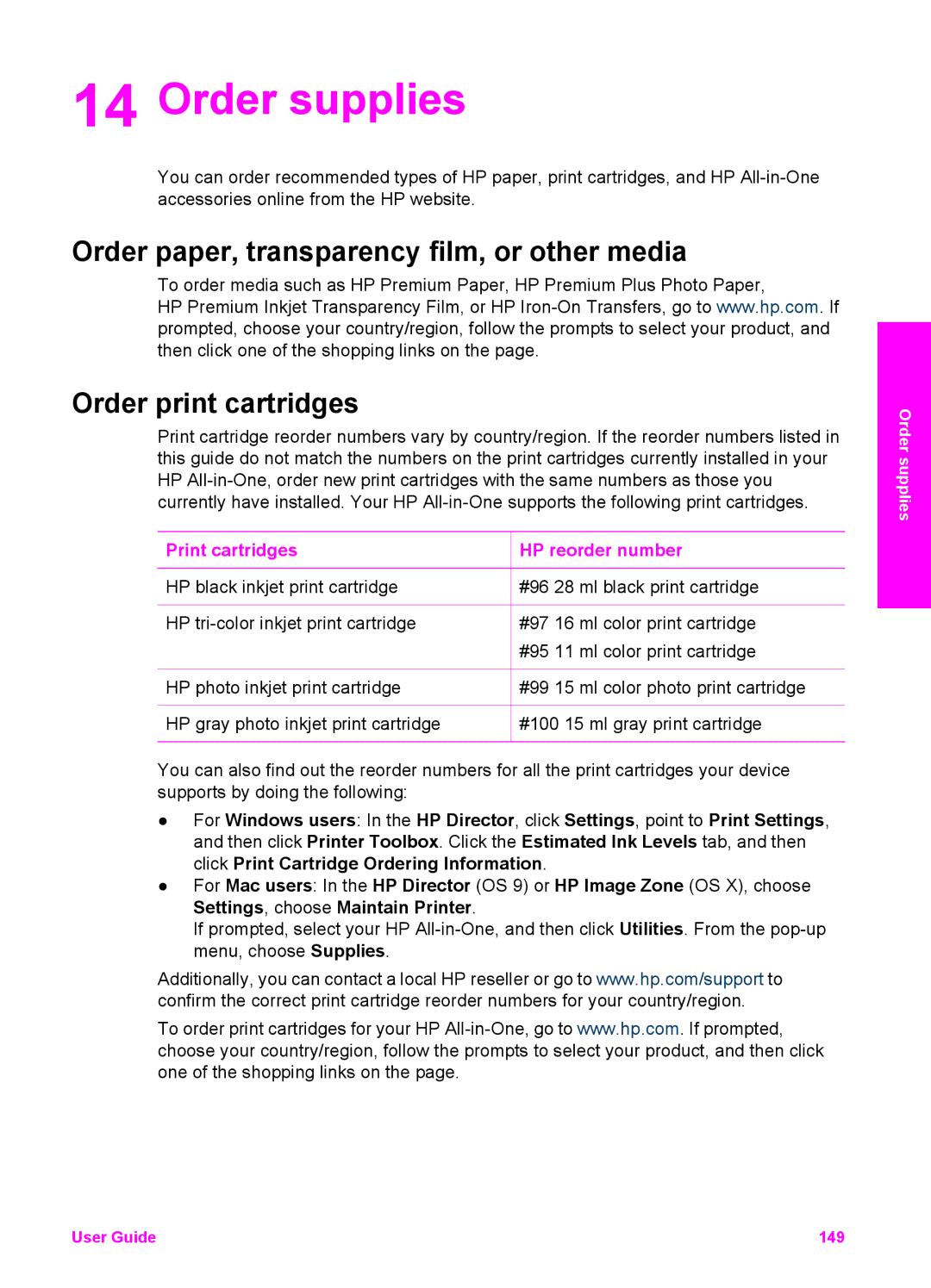 HP 7210v manual Order supplies, Order paper, transparency film, or other media, Order print cartridges 