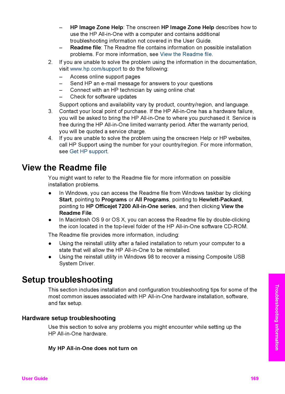 HP 7210v View the Readme file, Setup troubleshooting, Hardware setup troubleshooting, My HP All-in-One does not turn on 