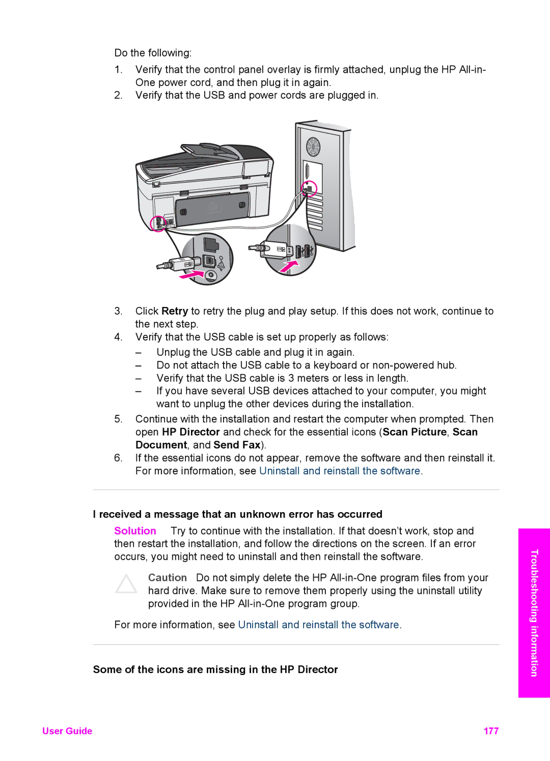 HP 7210v manual Received a message that an unknown error has occurred, Some of the icons are missing in the HP Director 