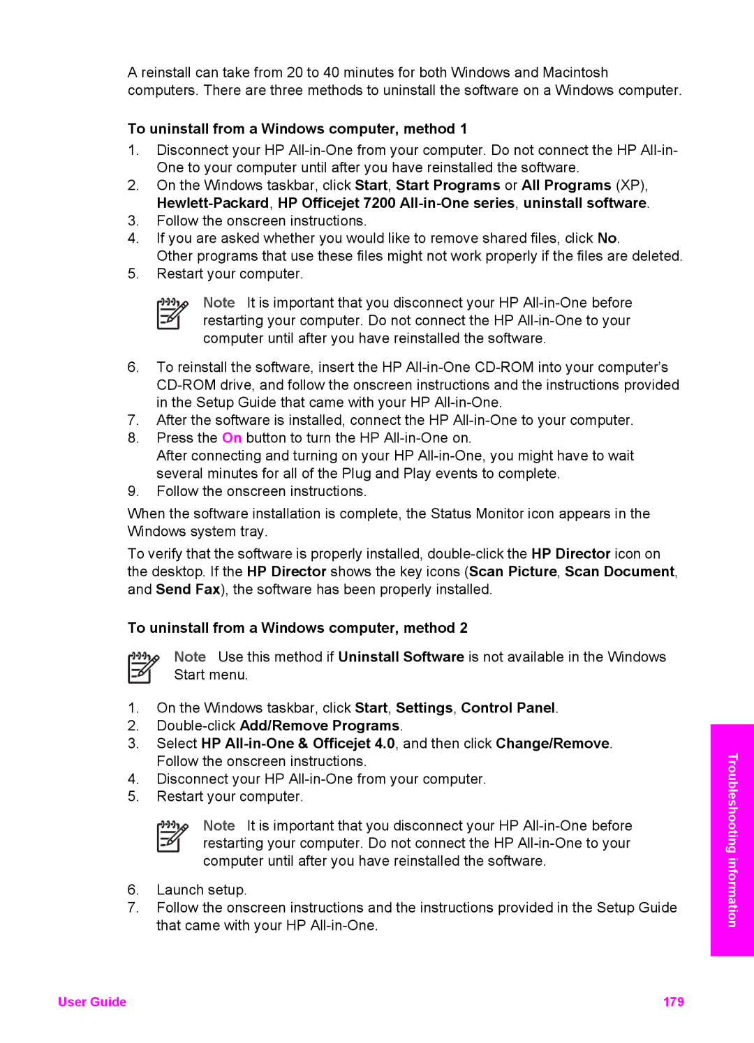 HP 7210v manual To uninstall from a Windows computer, method 