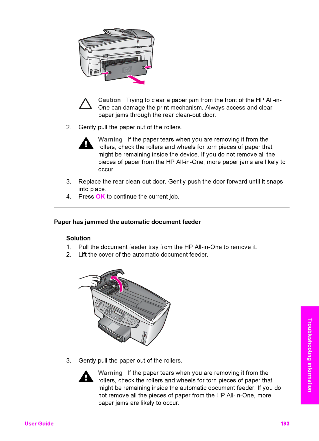 HP 7210v manual Paper has jammed the automatic document feeder Solution 