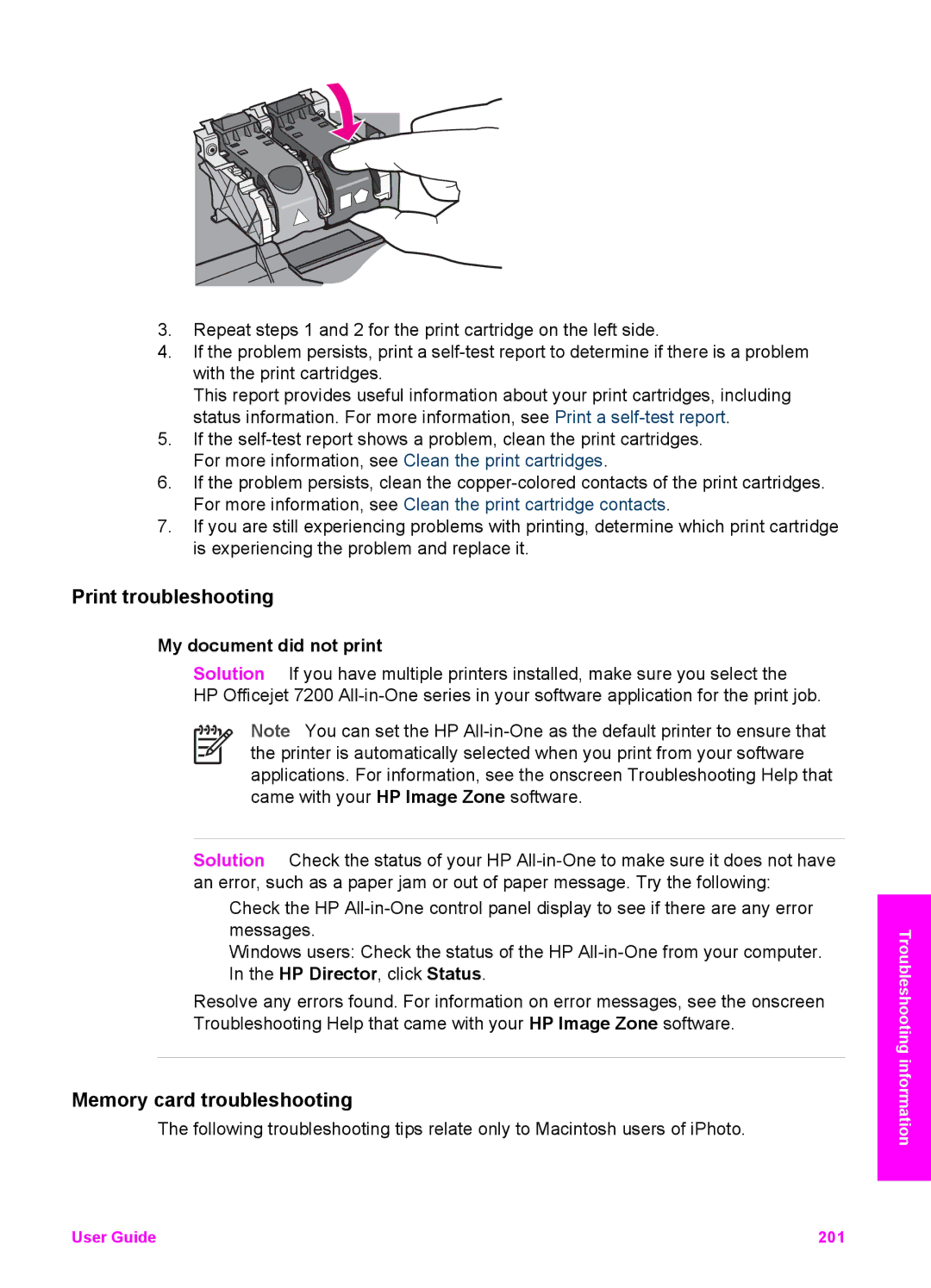 HP 7210v manual Print troubleshooting, Memory card troubleshooting, My document did not print 