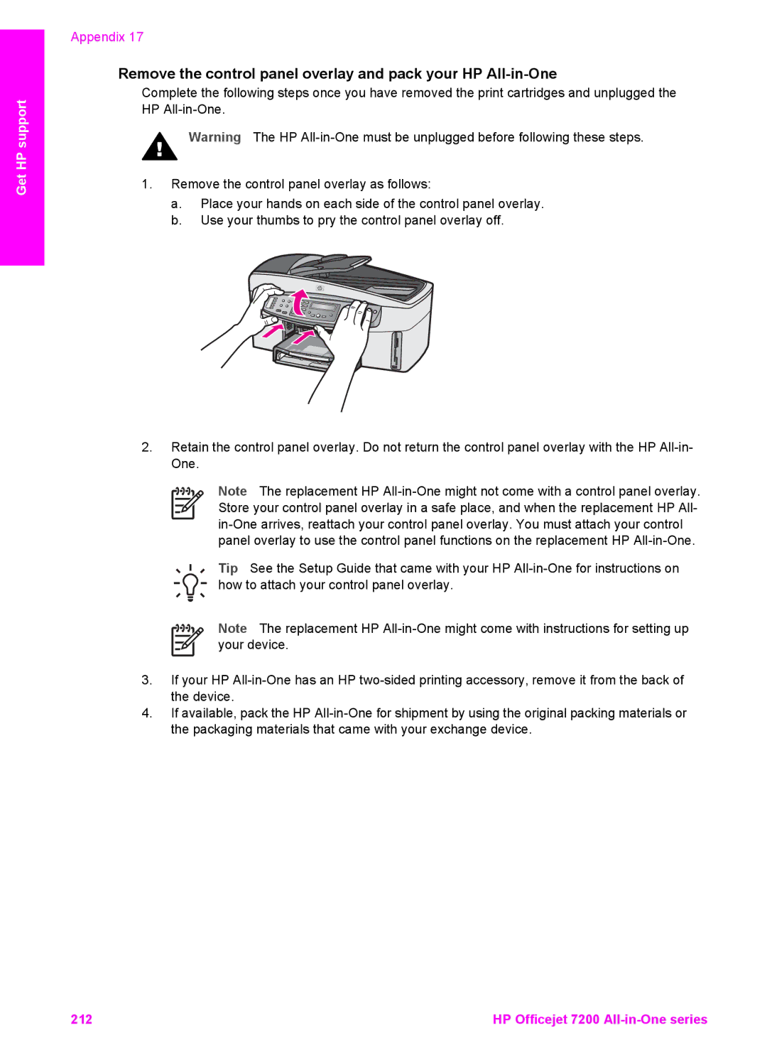 HP 7210v manual Remove the control panel overlay and pack your HP All-in-One 