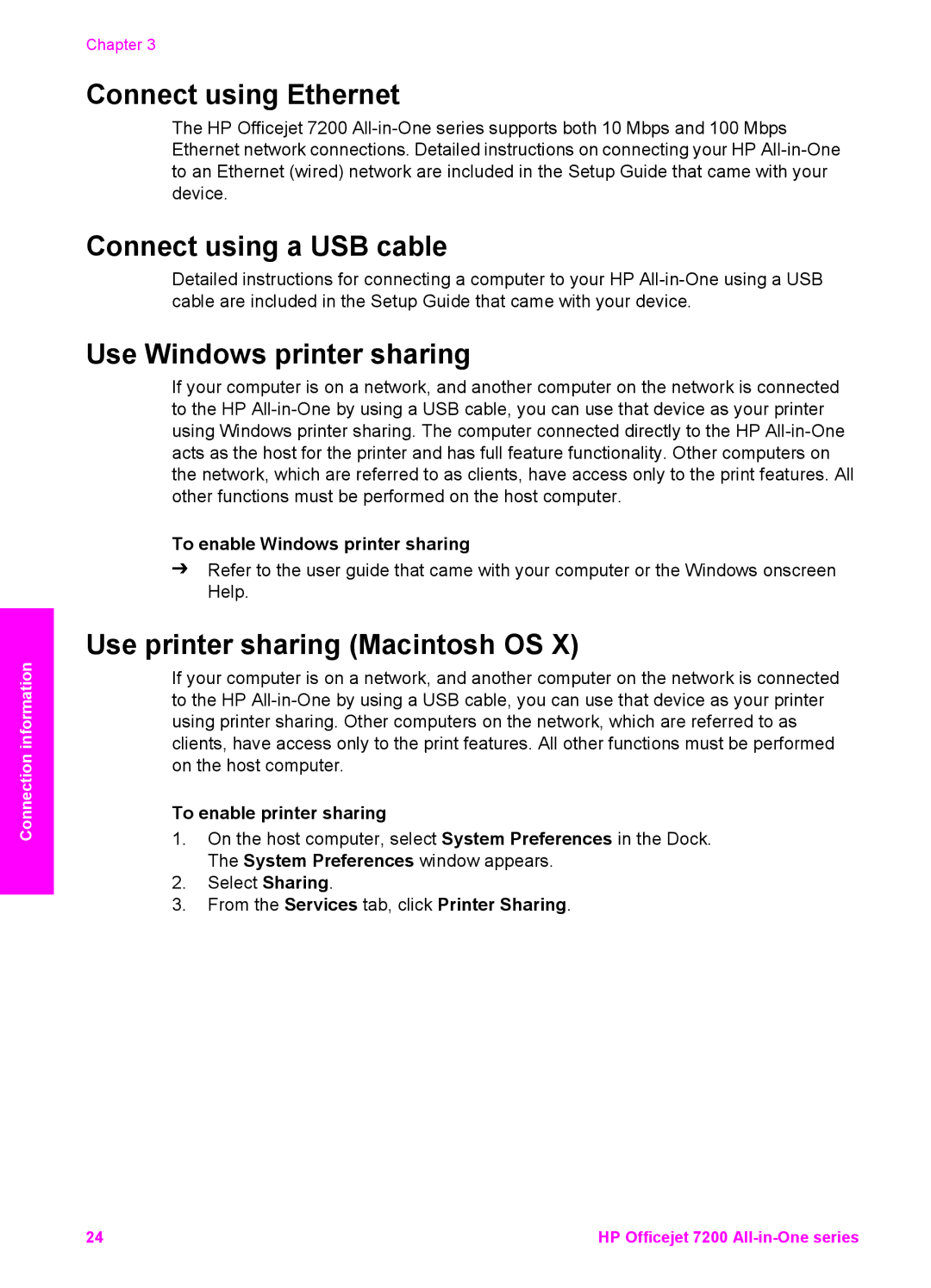 HP 7210 Connect using Ethernet, Connect using a USB cable, Use Windows printer sharing, Use printer sharing Macintosh OS 