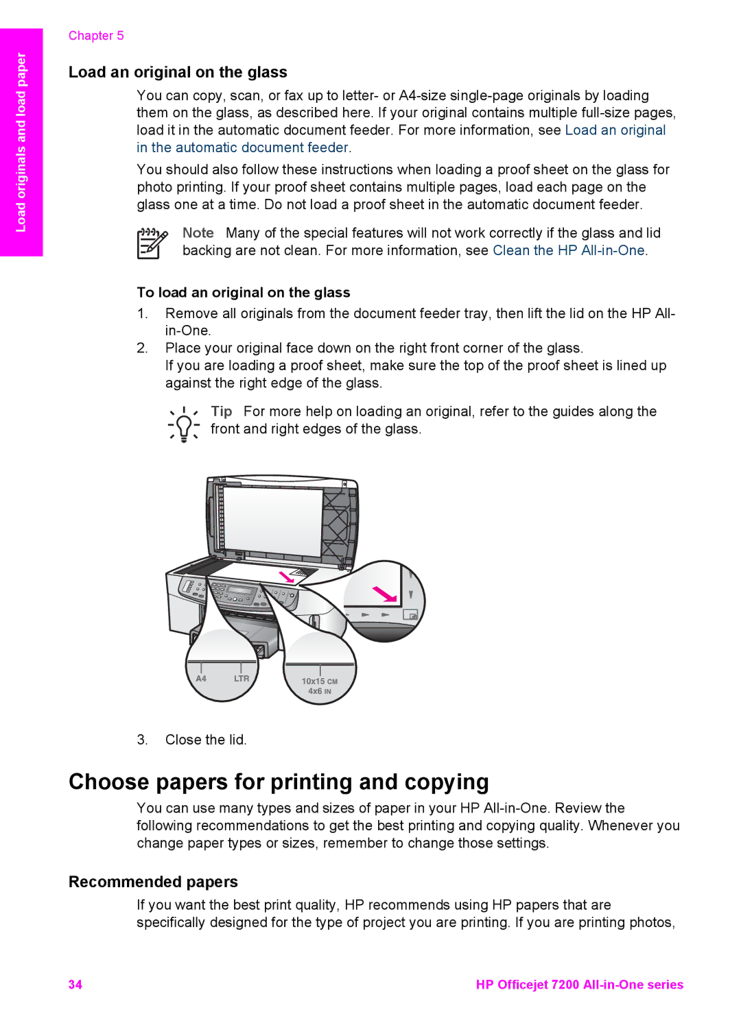 HP 7210v manual Choose papers for printing and copying, Load an original on the glass, Recommended papers 