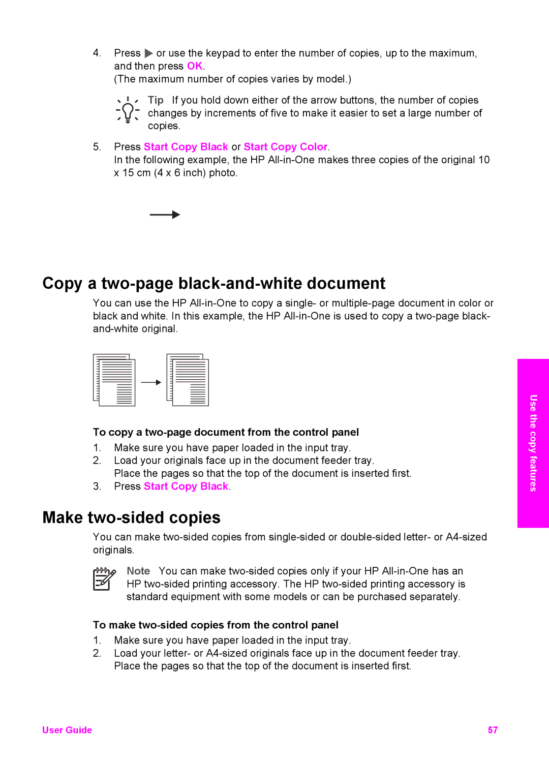 HP 7210v manual Copy a two-page black-and-white document, Make two-sided copies, Press Start Copy Black 