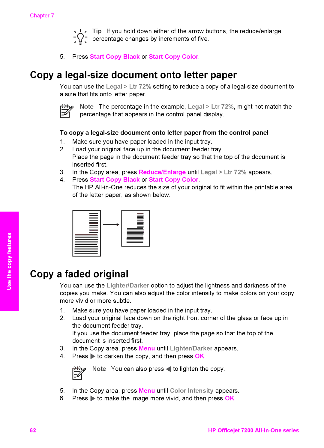 HP 7210v manual Copy a legal-size document onto letter paper, Copy a faded original 