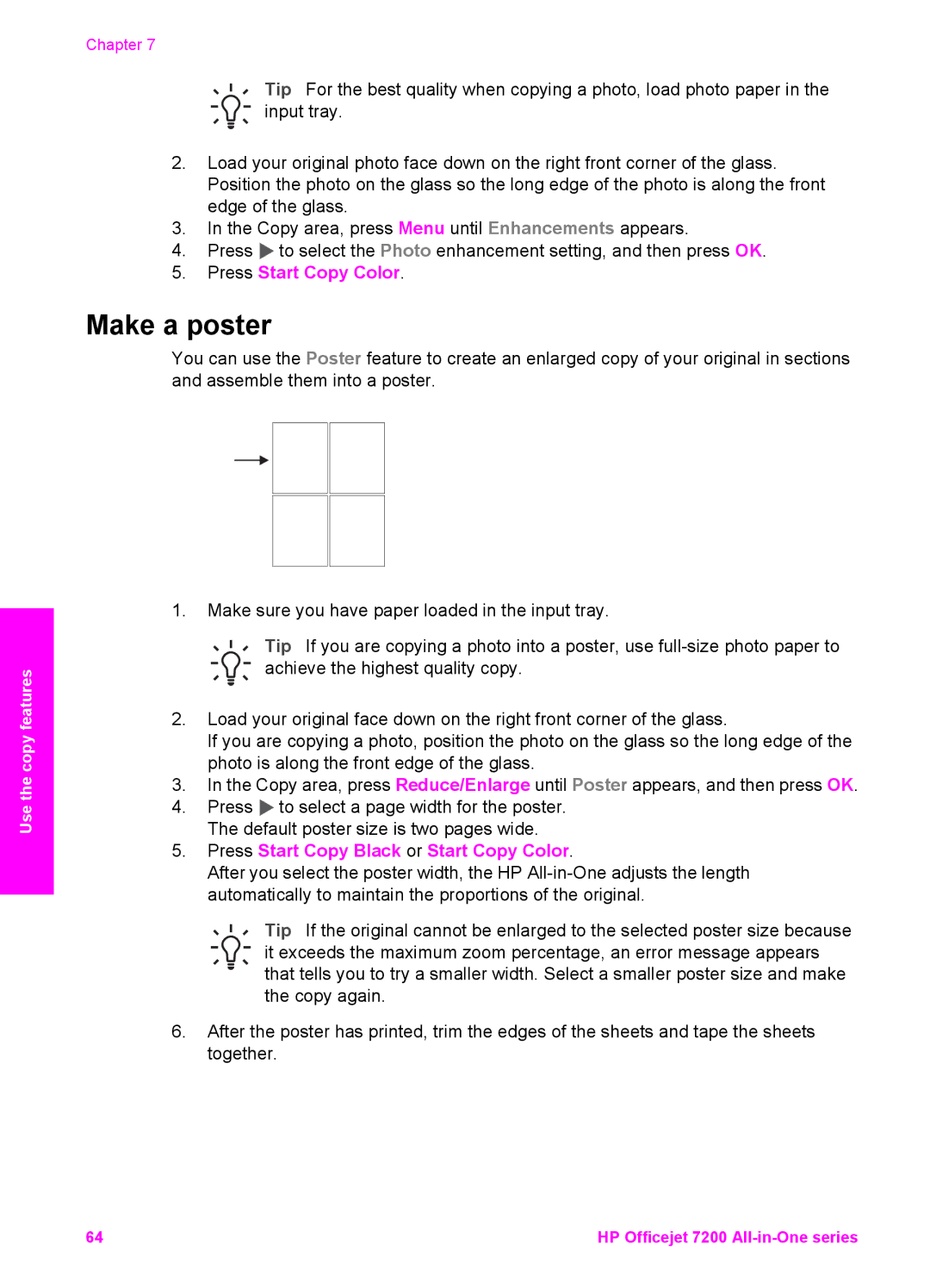 HP 7210v manual Make a poster, Press Start Copy Color 