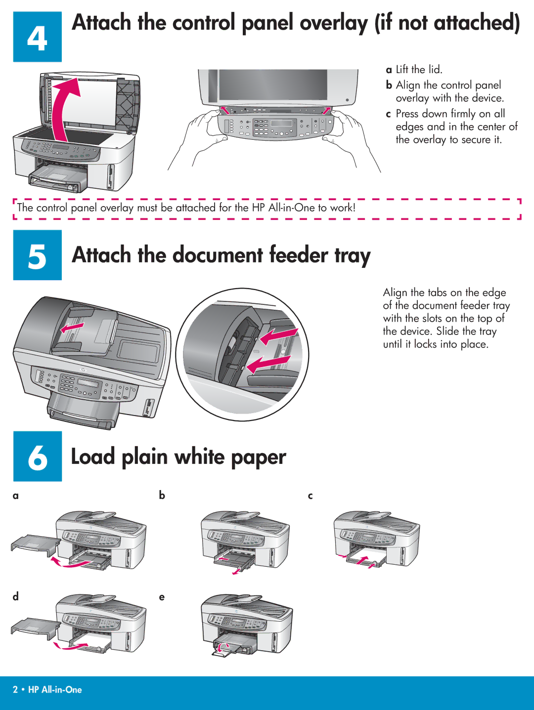 HP 7210xi Attach the control panel overlay if not attached, Attach the document feeder tray, Load plain white paper 