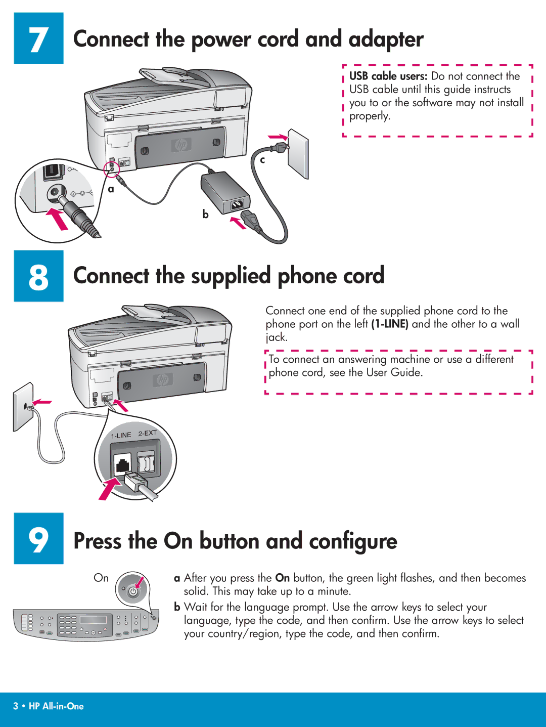 HP 7210xi, 7210v Connect the power cord and adapter, Connect the supplied phone cord, Press the On button and conﬁgure 