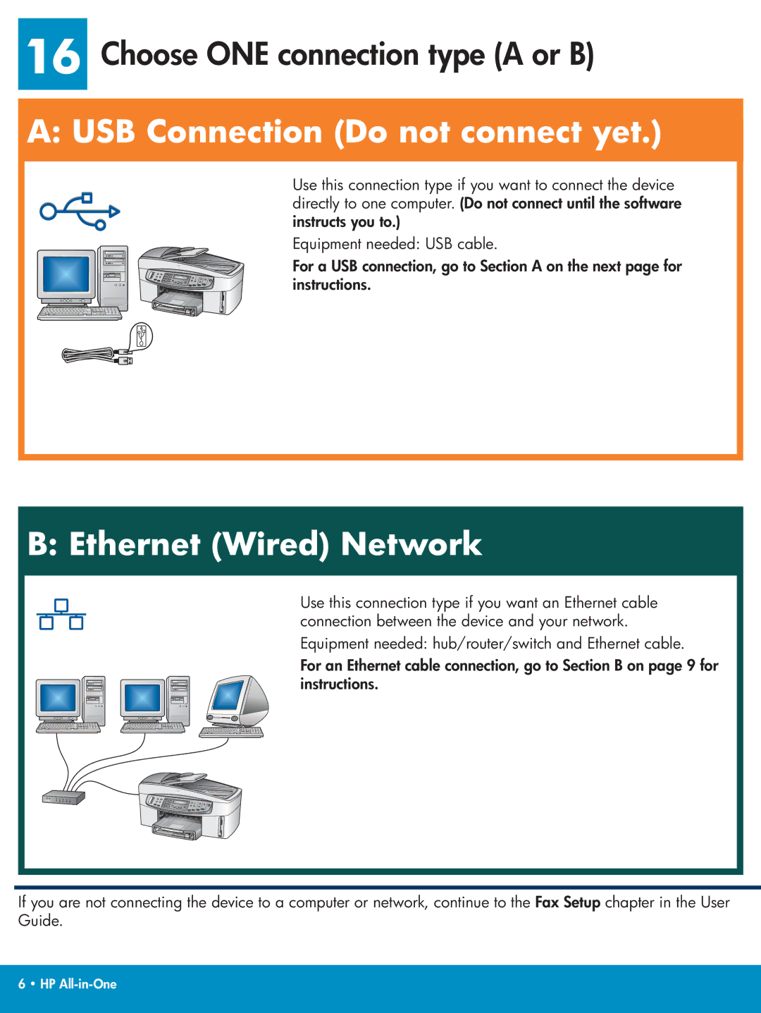 HP 7210xi, 7210v manual Choose ONE connection type a or B, USB Connection Do not connect yet, Ethernet Wired Network 