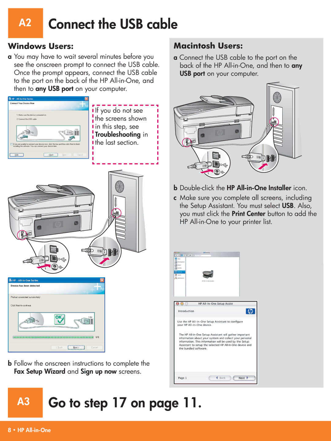 HP 7210xi, 7210v manual A2 Connect the USB cable, A3 Go to on 