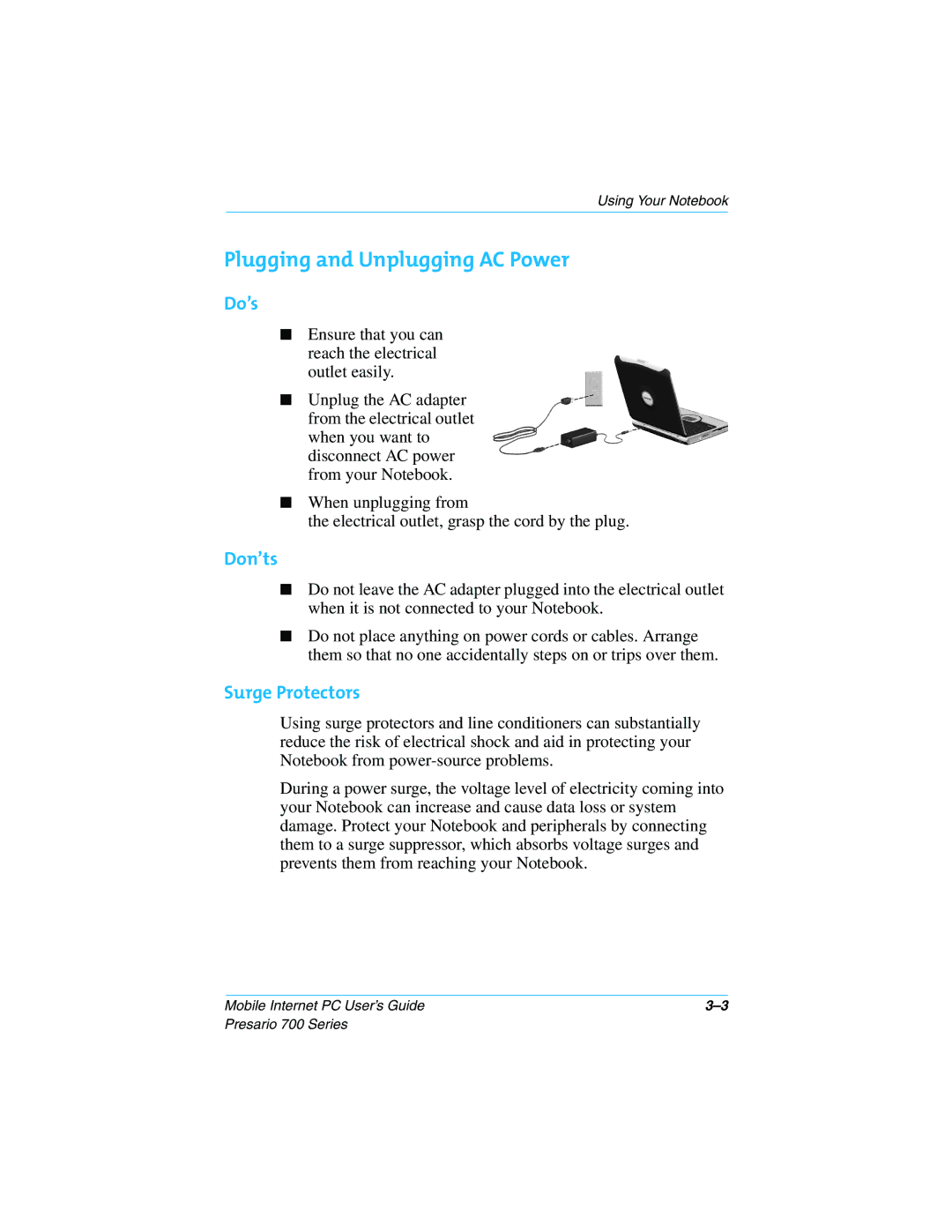 HP 724AU manual Plugging and Unplugging AC Power, Do’s, Don’ts, Surge Protectors 