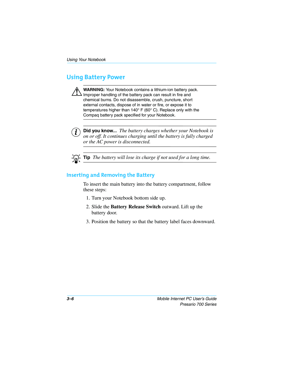 HP 724AU manual Using Battery Power, Inserting and Removing the Battery 