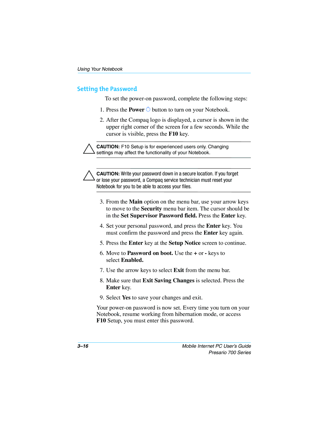 HP 724AU manual Setting the Password 