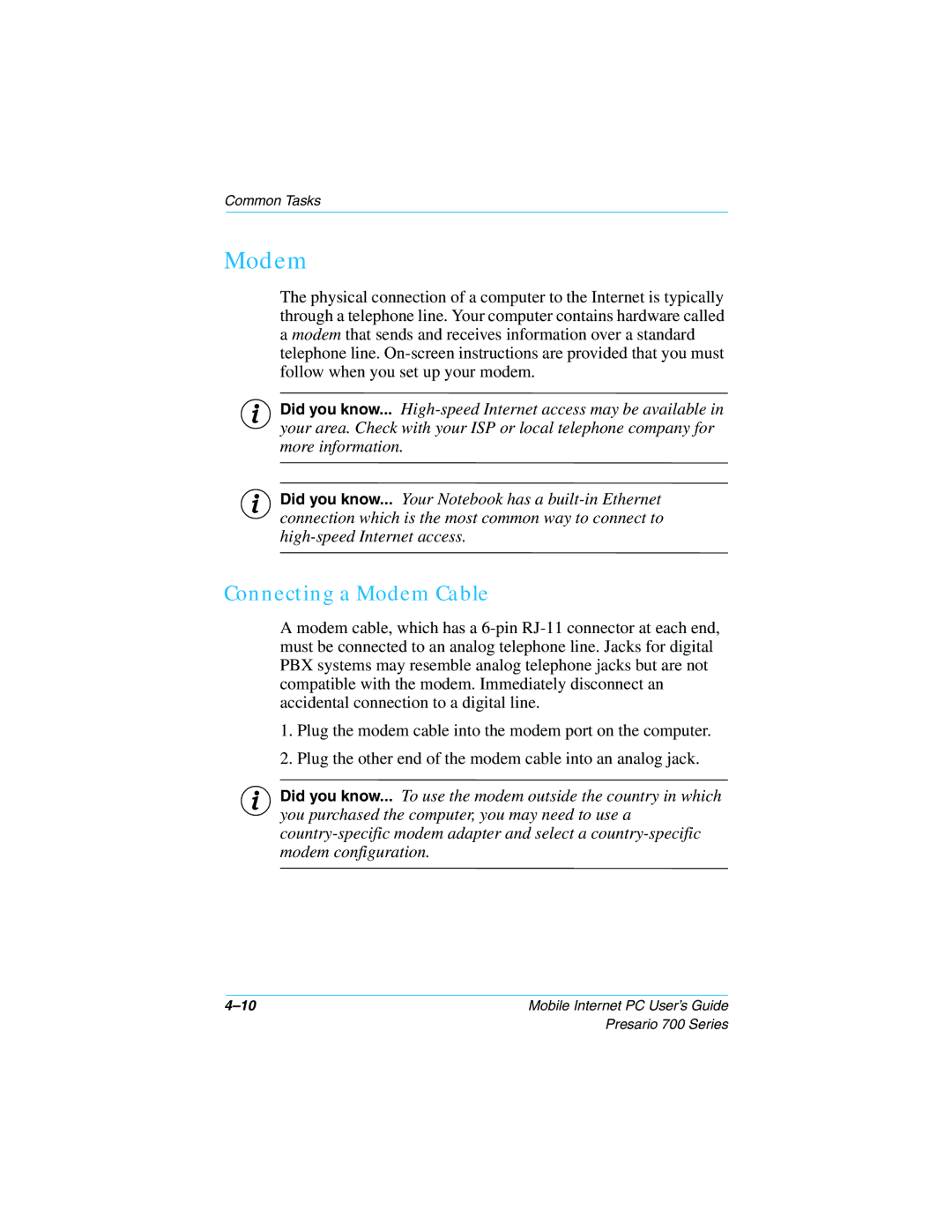 HP 724AU manual Connecting a Modem Cable 